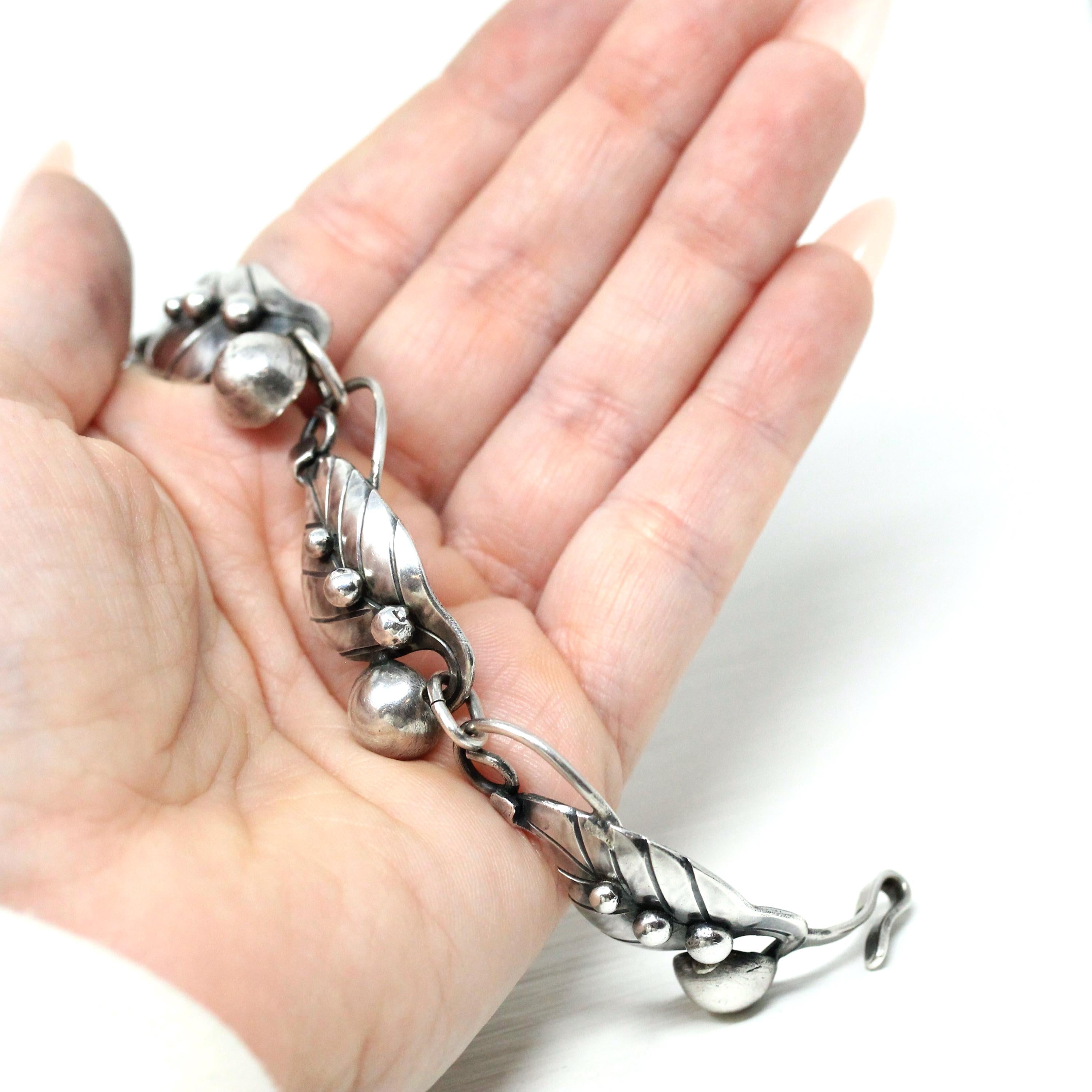 Vintage Leaf Bracelet - Retro Sterling Silver Berries Nature Inspired Panels Statement - Circa 1960s Era Fashion Accessory 60s Jewelry