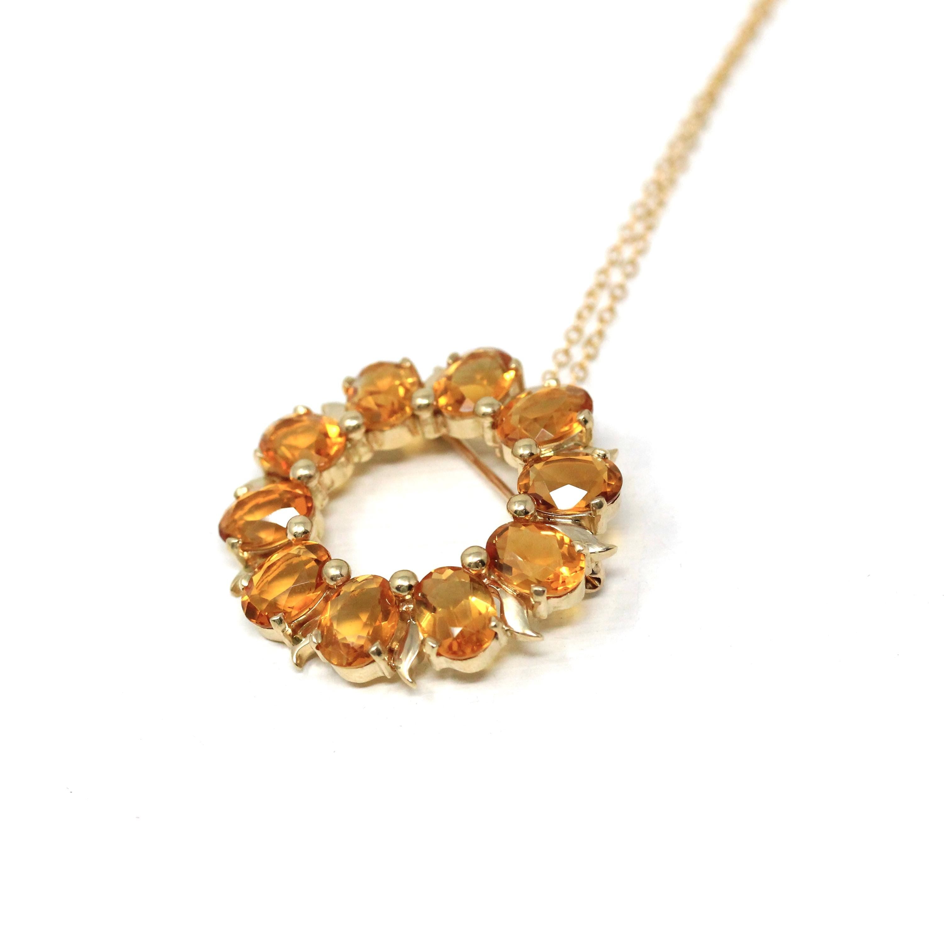 Citrine Wreath Pendant - Estate 14k Yellow White Two Tone Gold Natural Orange Gemstones - Circa 1980s Celestial Sun Brooch Necklace Jewelry