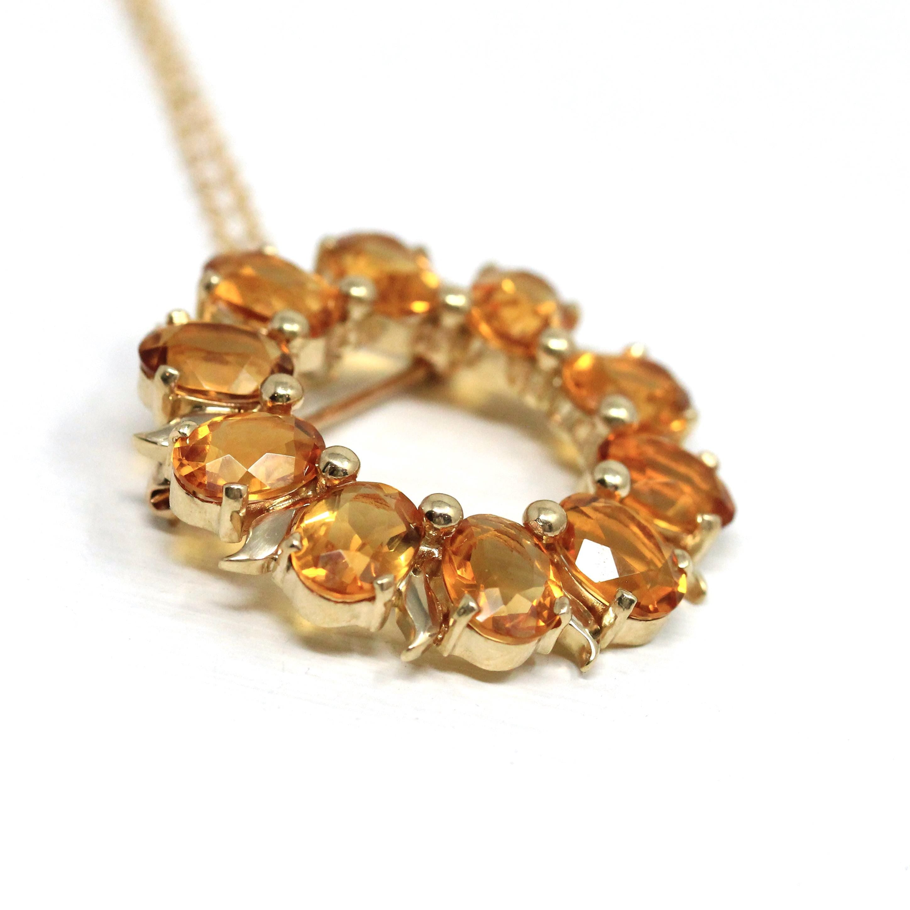Citrine Wreath Pendant - Estate 14k Yellow White Two Tone Gold Natural Orange Gemstones - Circa 1980s Celestial Sun Brooch Necklace Jewelry