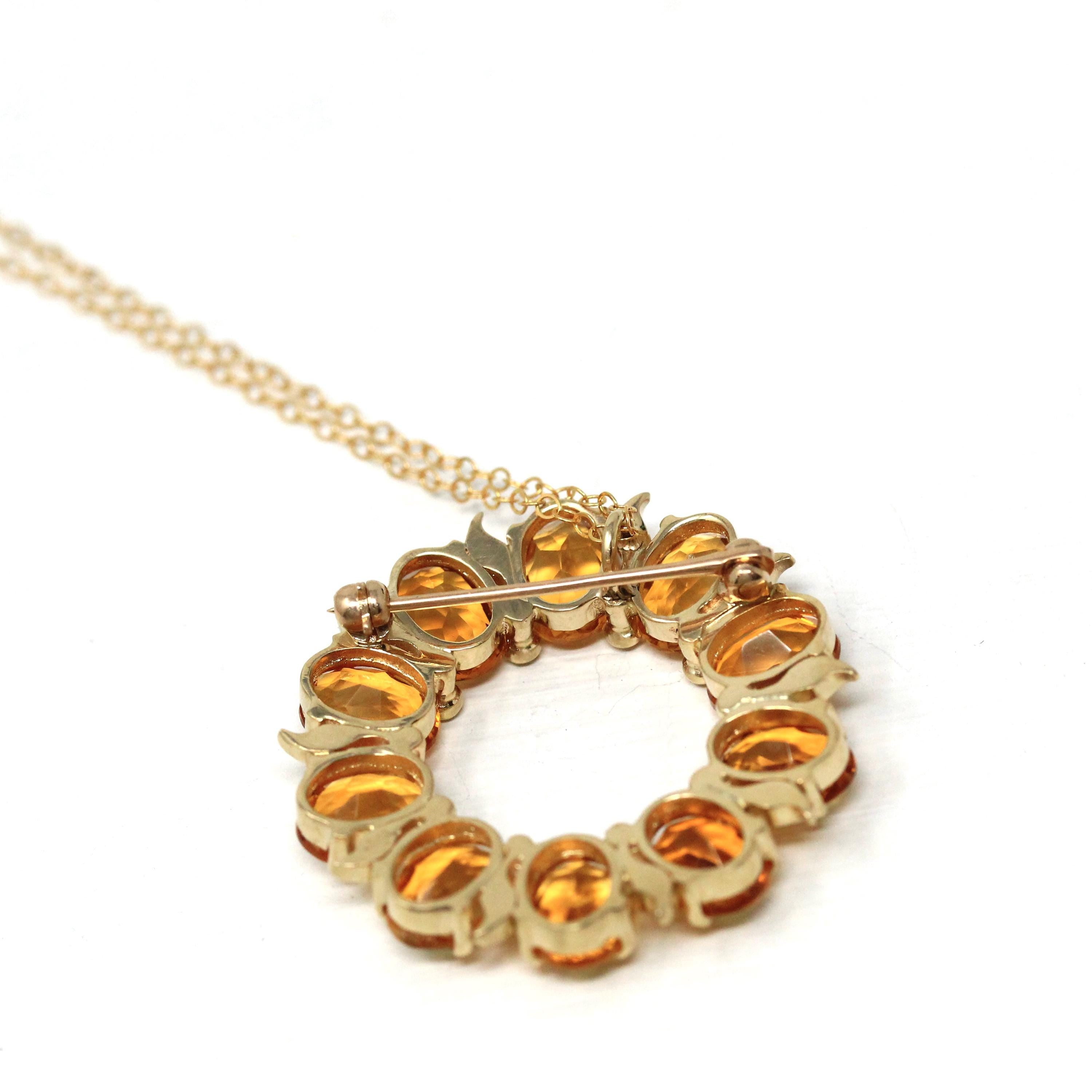 Citrine Wreath Pendant - Estate 14k Yellow White Two Tone Gold Natural Orange Gemstones - Circa 1980s Celestial Sun Brooch Necklace Jewelry