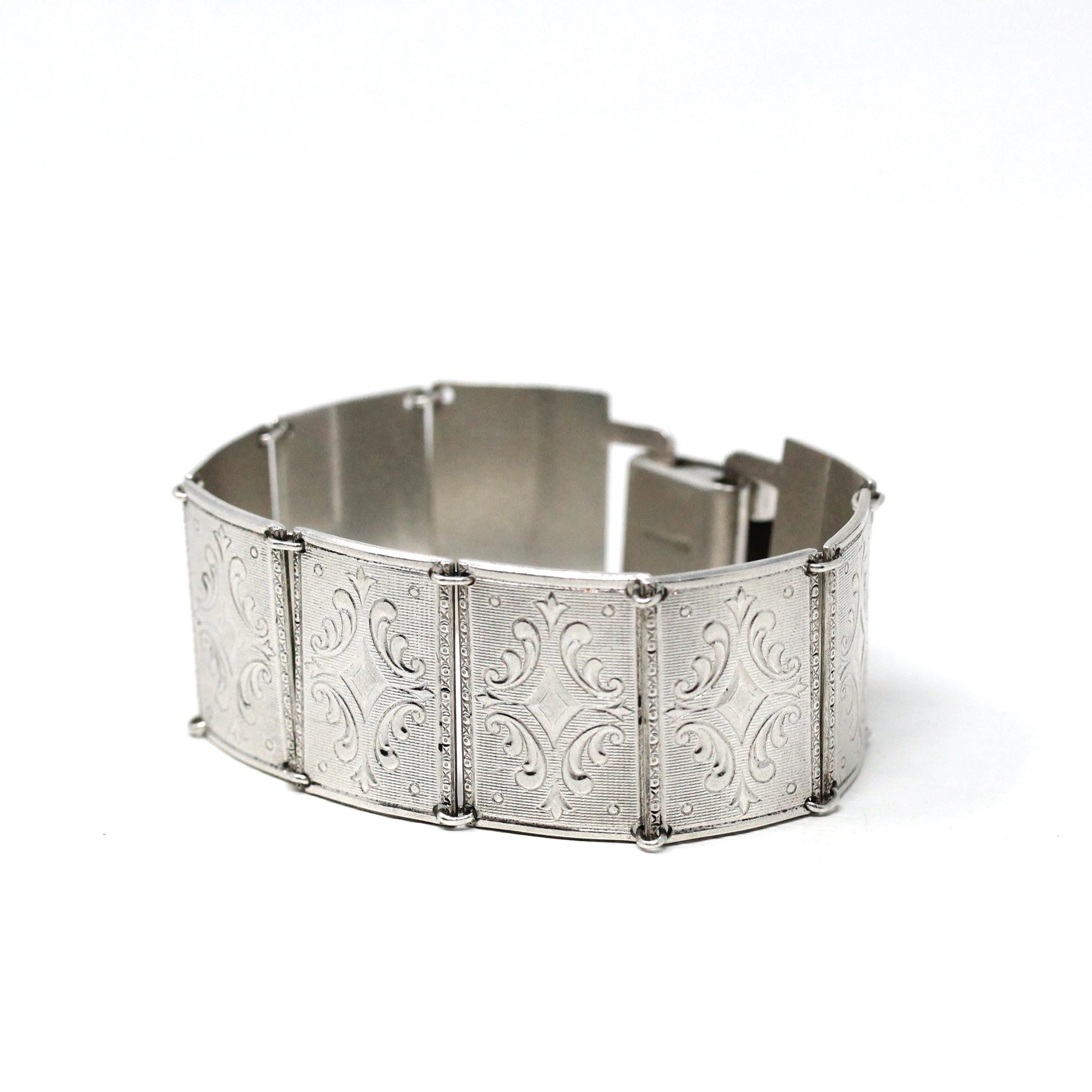 Vintage Panel Bracelet - Retro Sterling Silver Ornate Decorative Designs Inspired Statement - Circa 1960s Fashion Accessory 60s Jewelry
