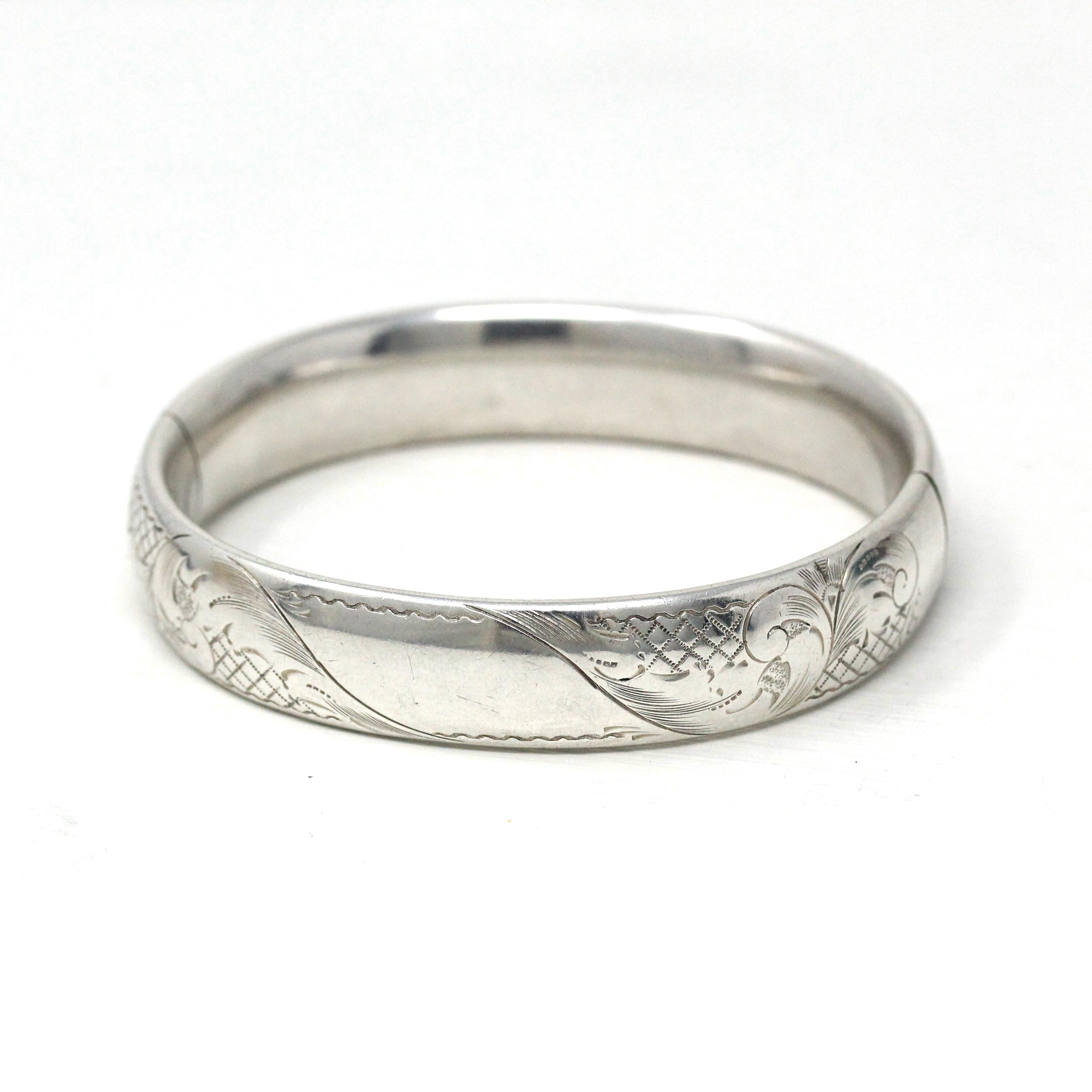 Vintage Bangle Bracelet - Retro Sterling Silver Engraved Nature Inspired Design Brushed Finish - Circa 1940s Era Statement Accessory Jewelry
