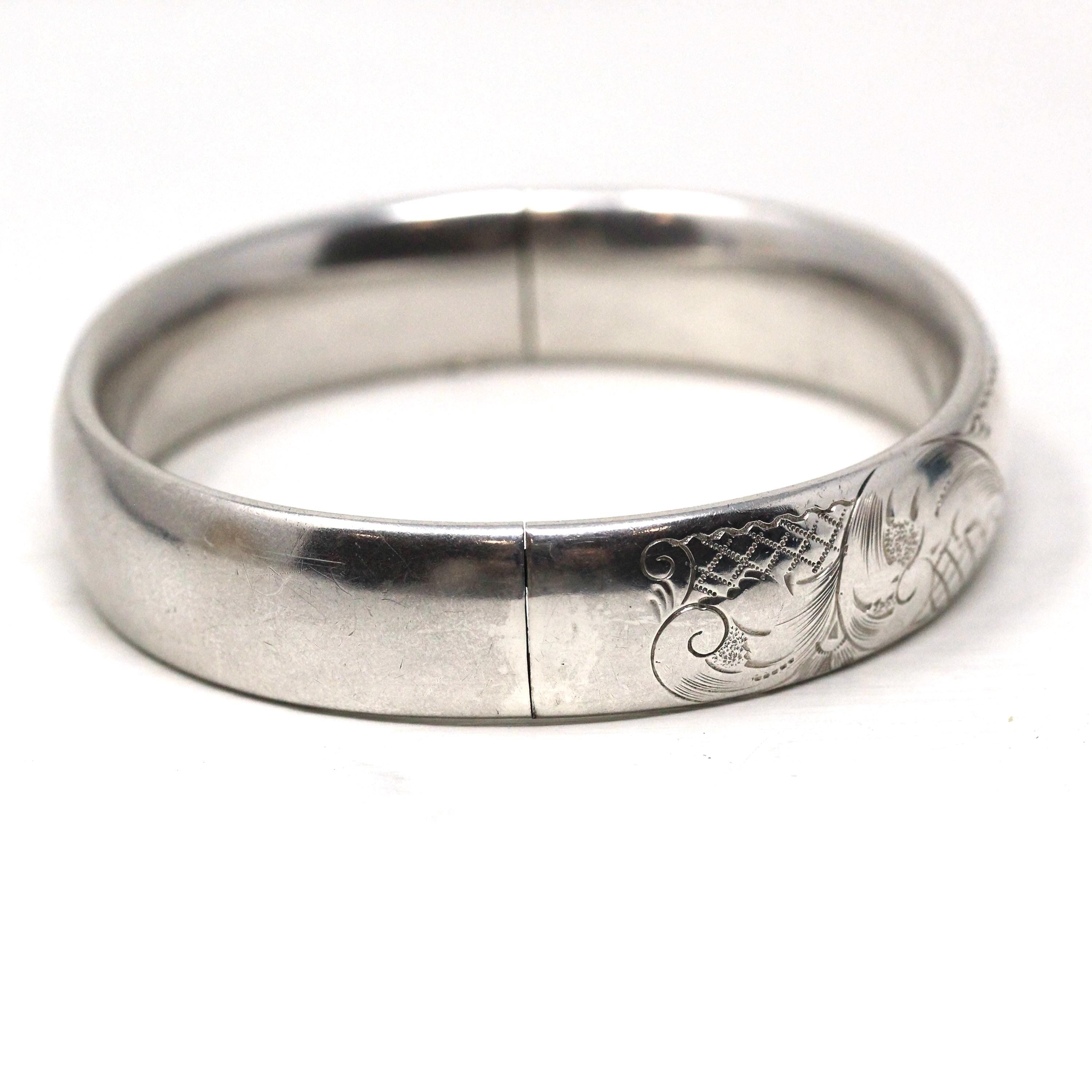 Vintage Bangle Bracelet - Retro Sterling Silver Engraved Nature Inspired Design Brushed Finish - Circa 1940s Era Statement Accessory Jewelry