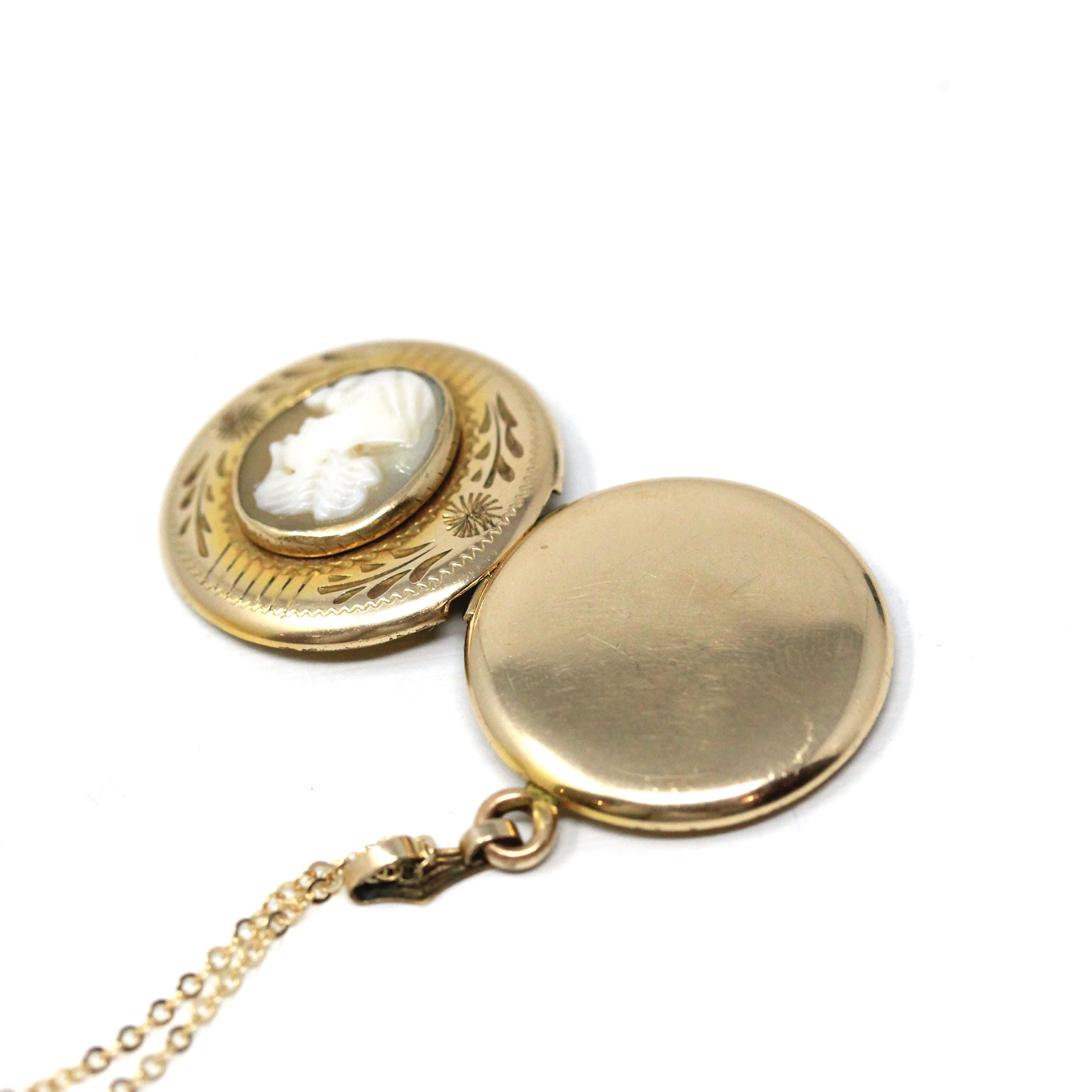 Vintage Cameo Locket - Retro 12k Gold Filled Flowers Leaves Pendant Necklace - Circa 1940s Era Photograph Statement Keepsake 40s Jewelry