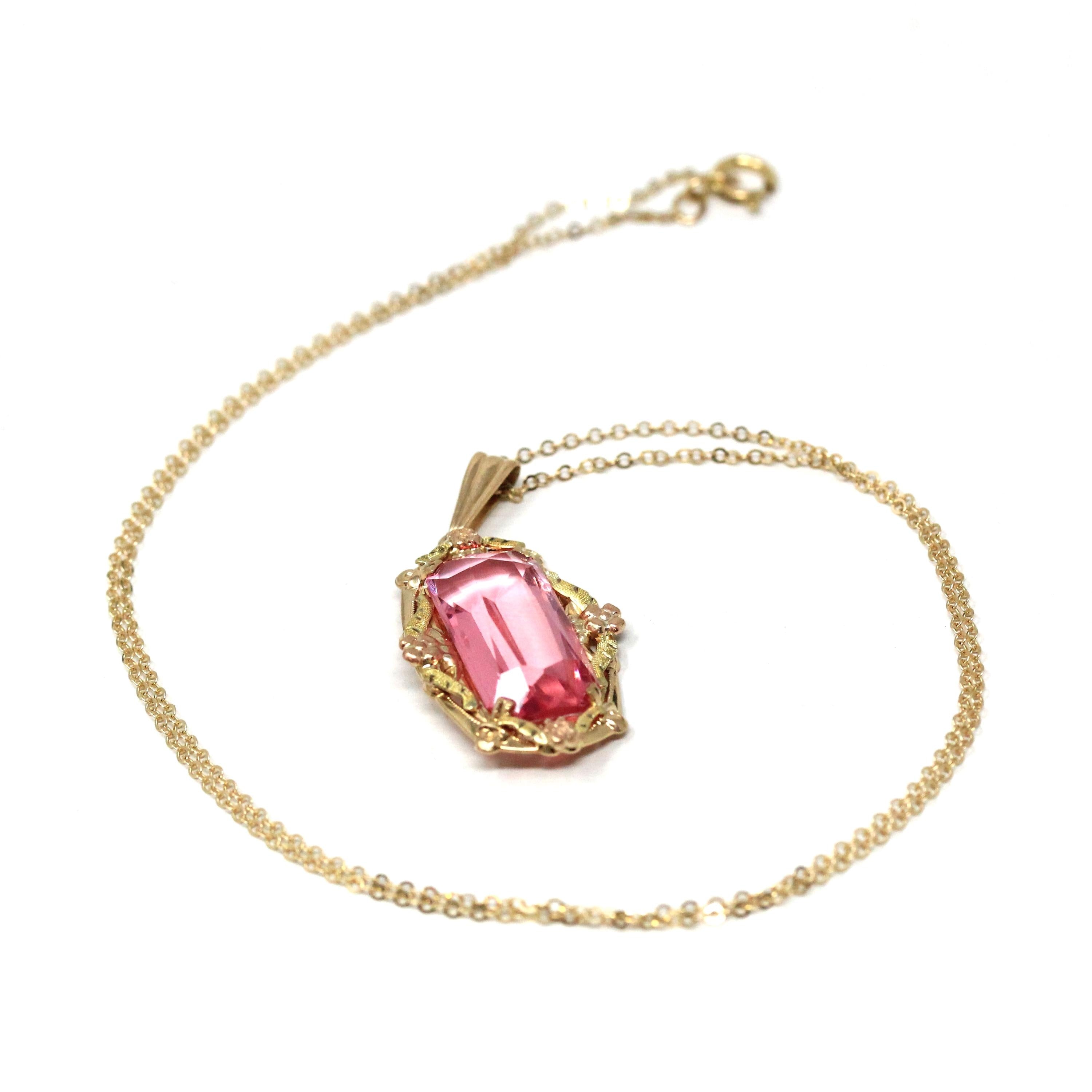 Simulated Pink Sapphire Necklace - Retro Era 10k Yellow & Rose Gold Glass Pendant - Vintage Circa 1940s September Birthstone Fine Jewelry