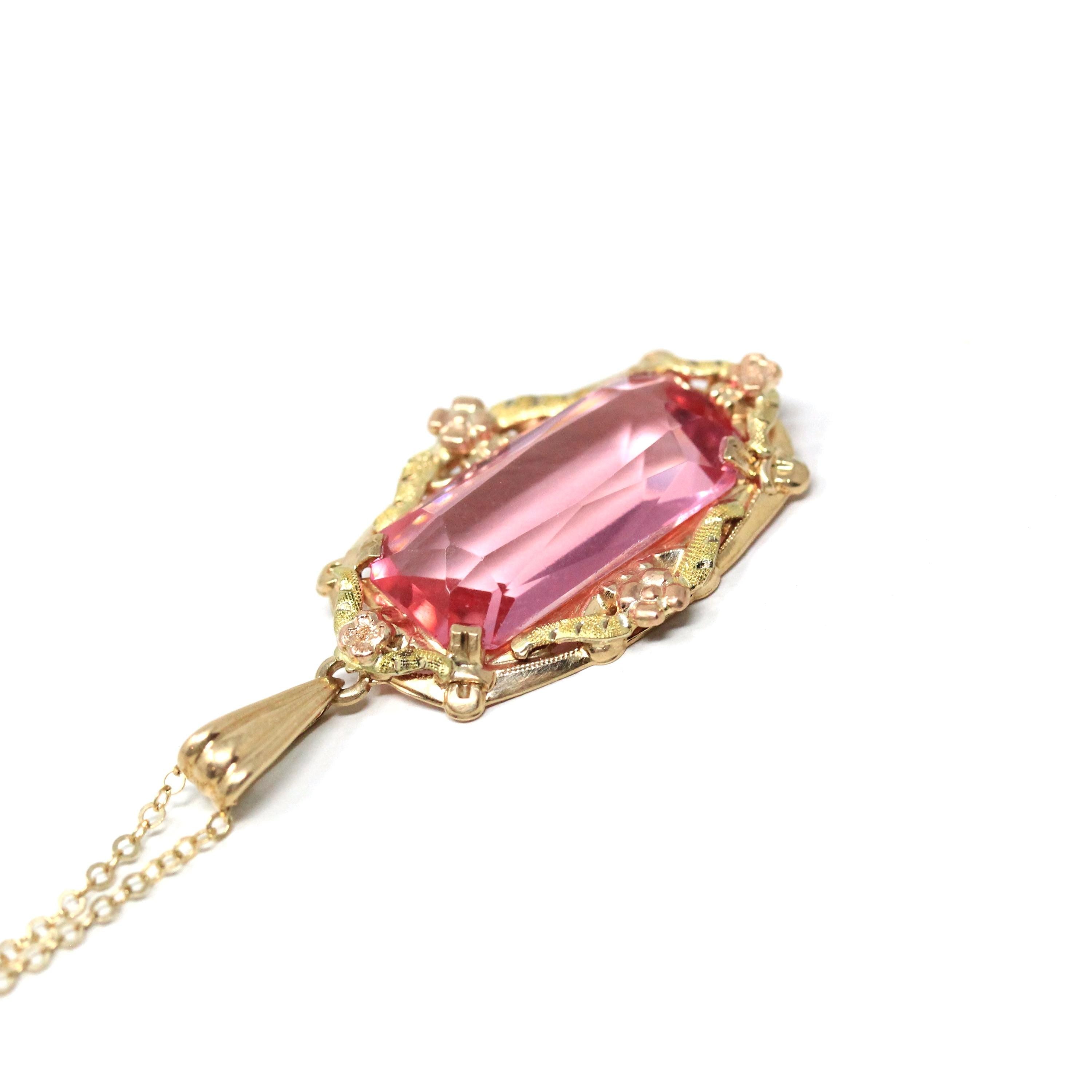 Simulated Pink Sapphire Necklace - Retro Era 10k Yellow & Rose Gold Glass Pendant - Vintage Circa 1940s September Birthstone Fine Jewelry