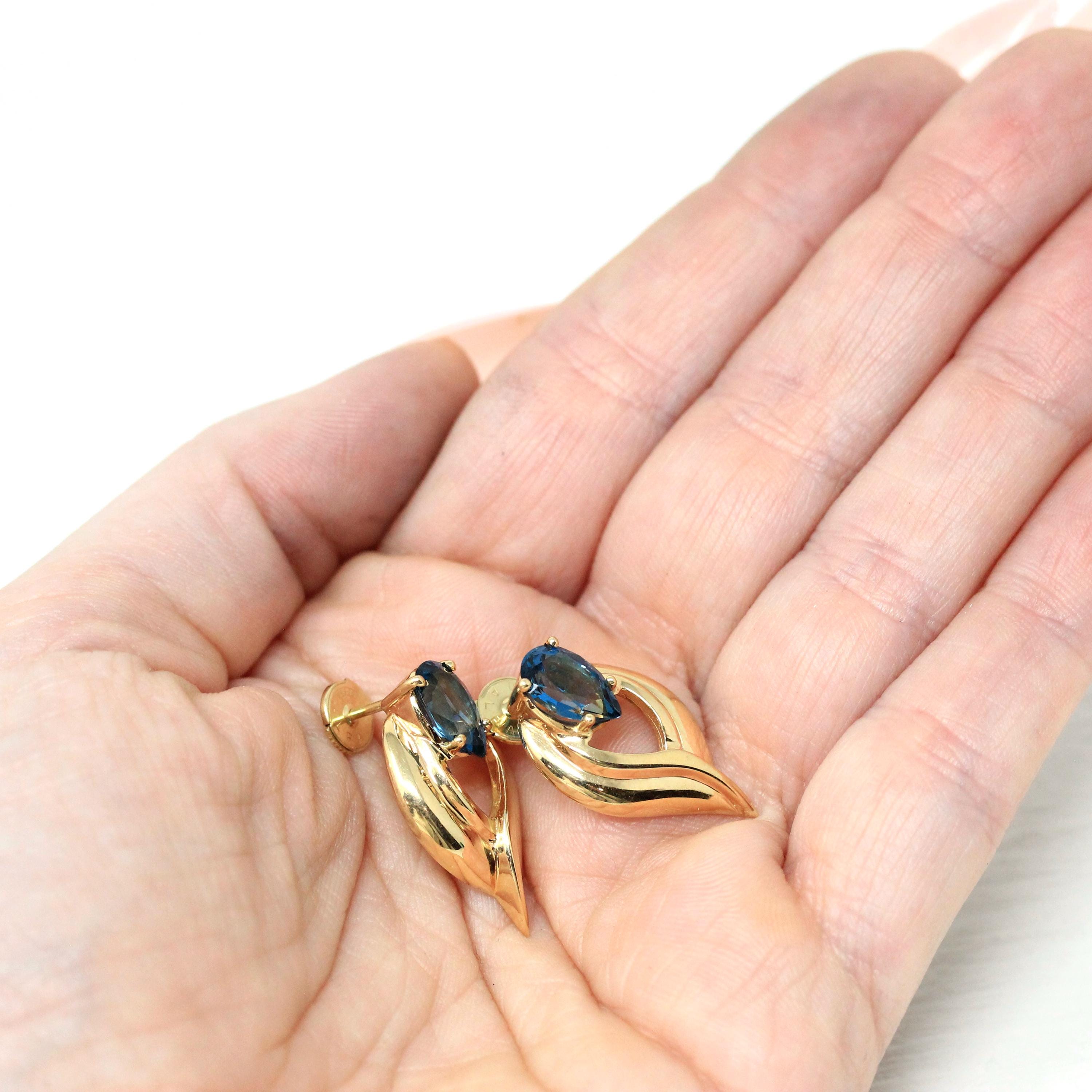 London Blue Topaz Earrings - Estate 14k Yellow Gold Natural Pear Shape Gemstone Studs - Modern 2000s Era Pierced Push Back Fine Jewelry