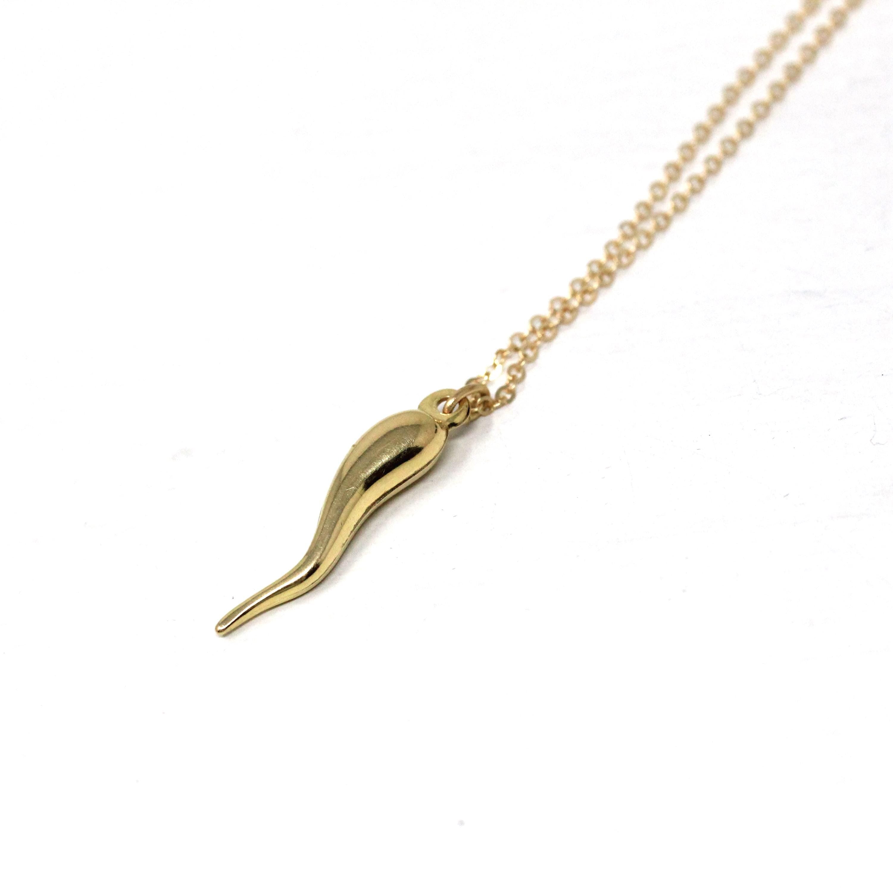 Italian Horn Charm - Retro 14k Yellow Gold Italy Cornicello Good Luck Pendant Necklace - Vintage Circa 1970s Ward Off Evil Amulet Jewelry
