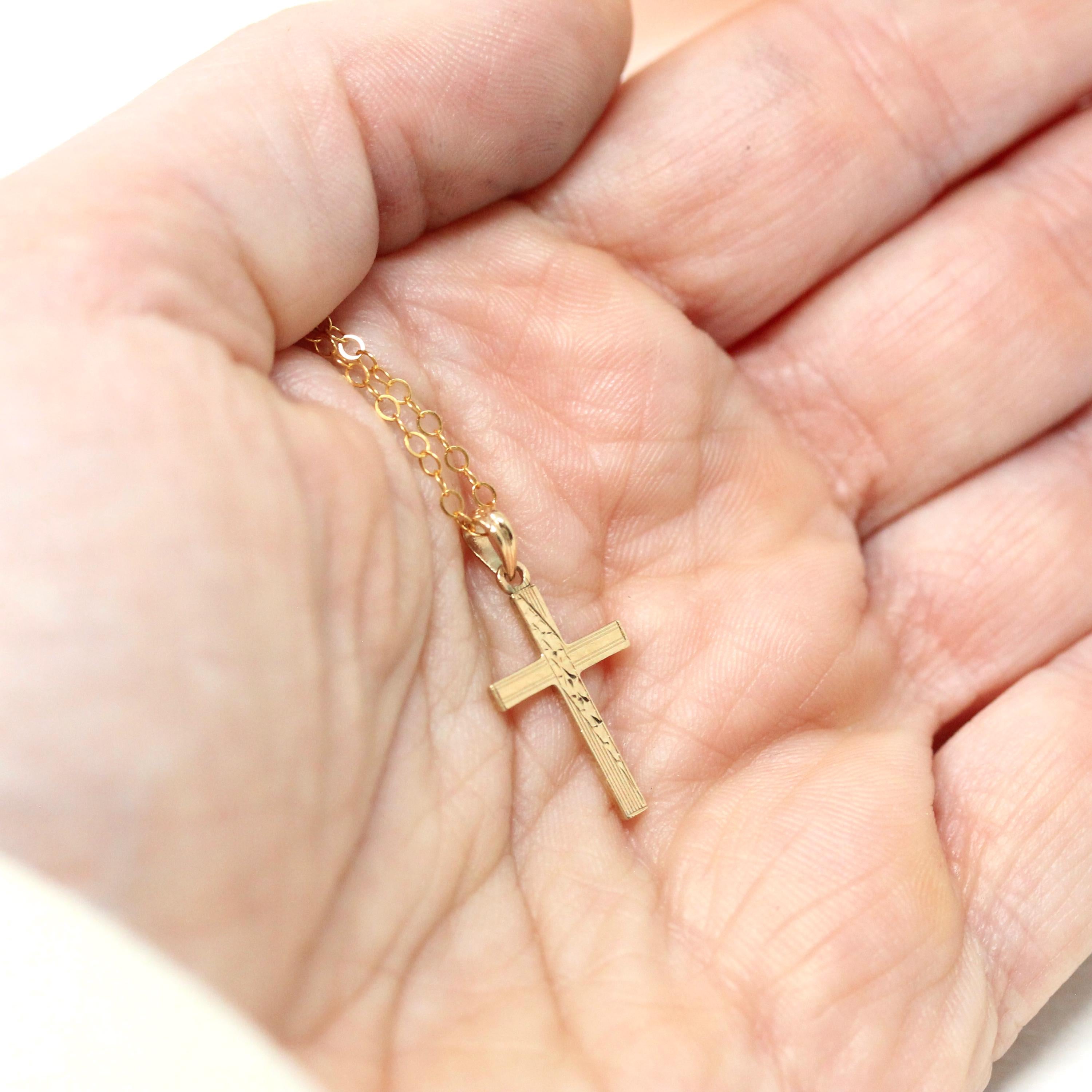 Vintage Cross Necklace - Retro 10k Yellow Gold Engraved Etched Pendant Charm - Circa 1940s Era Petite Dainty Religious Faith Esemco Jewelry