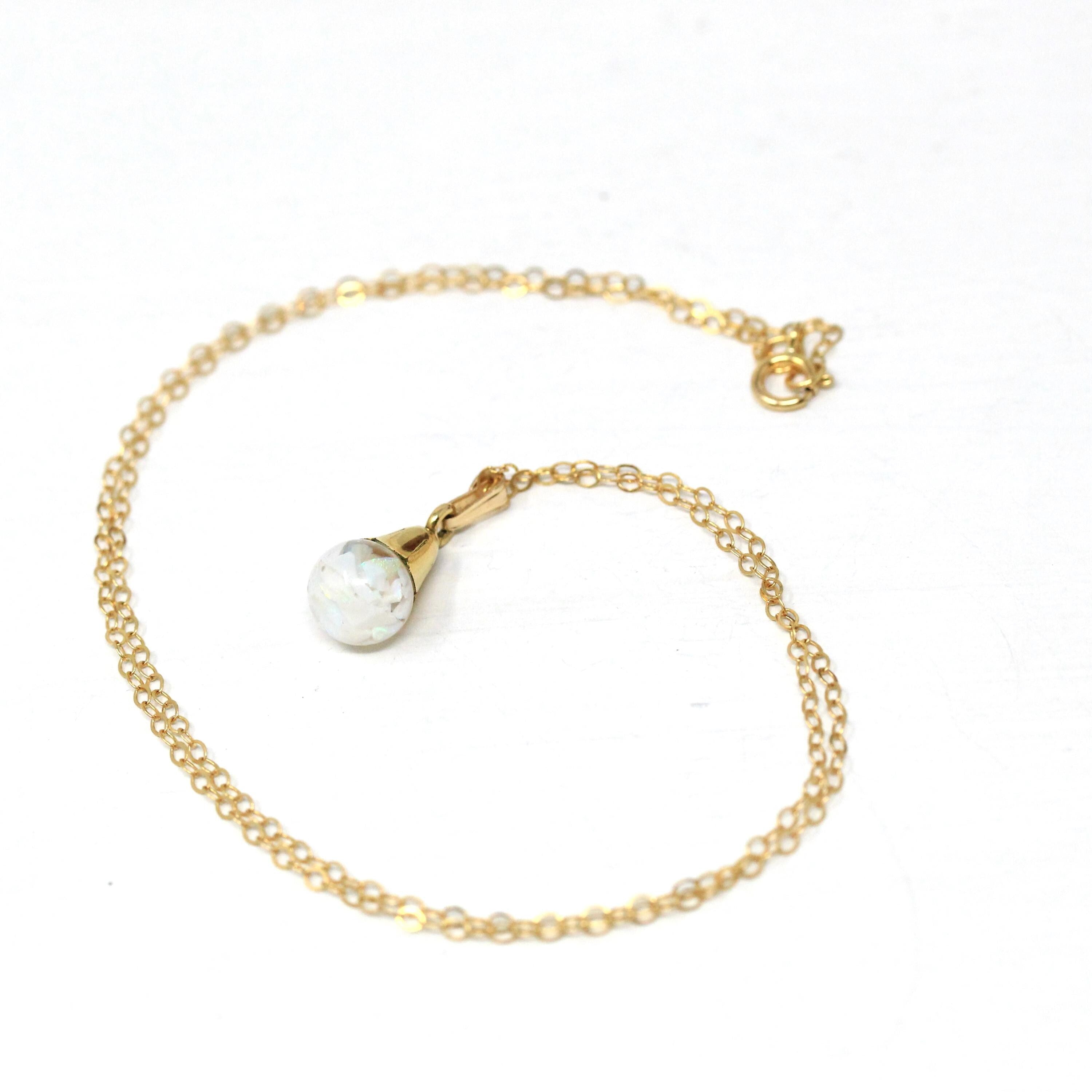 Floating Opal Charm - Retro 14k Gold Filled Flower Cap Natural Gemstone Sphere Orb Fob - Vintage 1940s Era Liquid Teardrop Pendant Jewelry