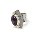 Modern Charoite Ring - Estate Sterling Silver Natural Cabochon Gemstone - Circa 2000s Era Y2K Asymmetrical Adjustable Wrap Statement Jewelry