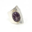 Modern Charoite Ring - Estate Sterling Silver Natural Cabochon Gemstone - Circa 2000s Era Y2K Asymmetrical Adjustable Wrap Statement Jewelry