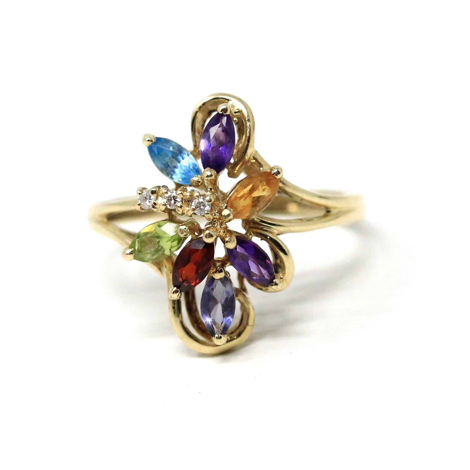 Rainbow Gemstone Ring - Modern 9k Yellow Gold Multi Color Gemstones - Hallmarked 2001 Size 8 1/4 Fine Floral Statement Birmingham Jewelry