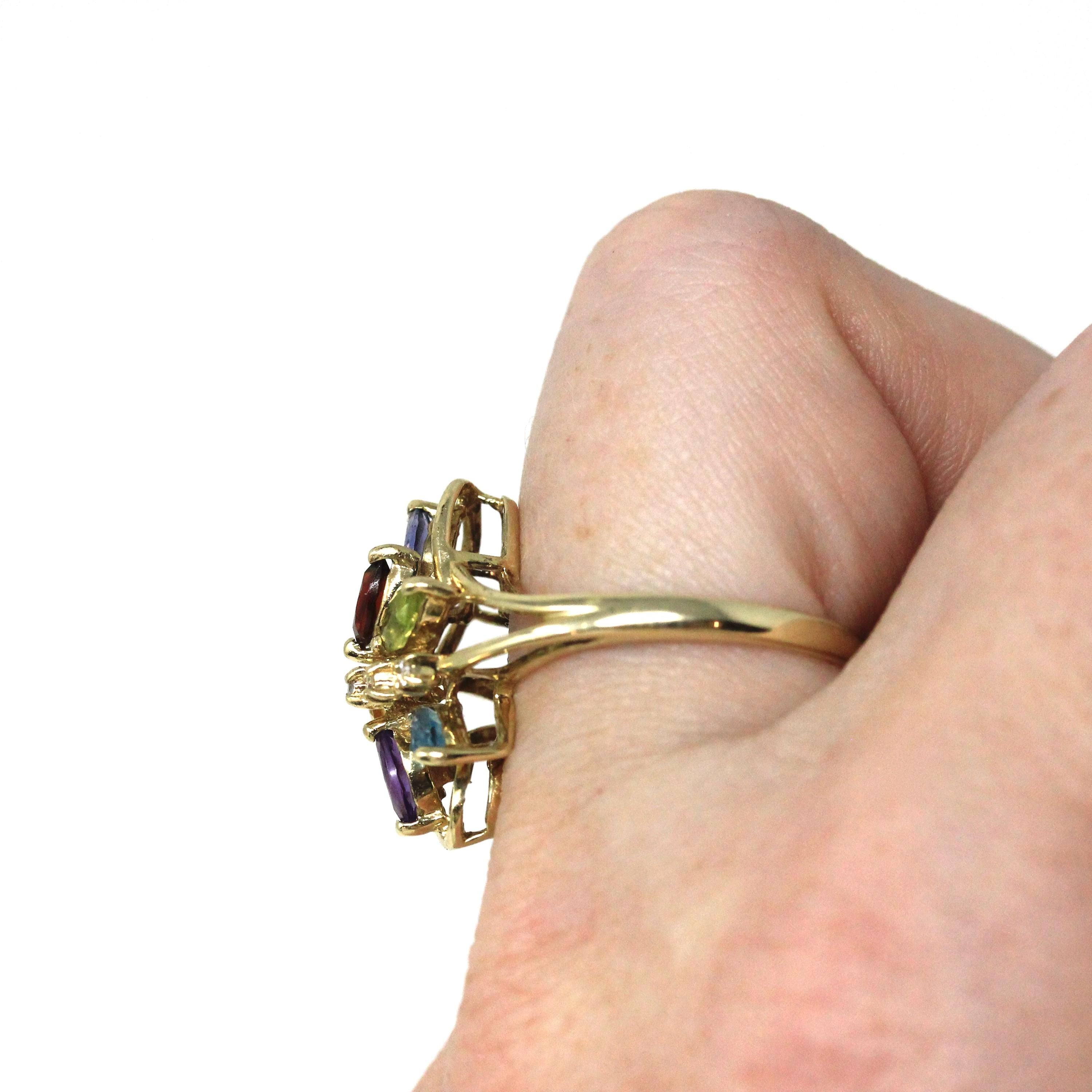 Rainbow Gemstone Ring - Modern 9k Yellow Gold Multi Color Gemstones - Hallmarked 2001 Size 8 1/4 Fine Floral Statement Birmingham Jewelry