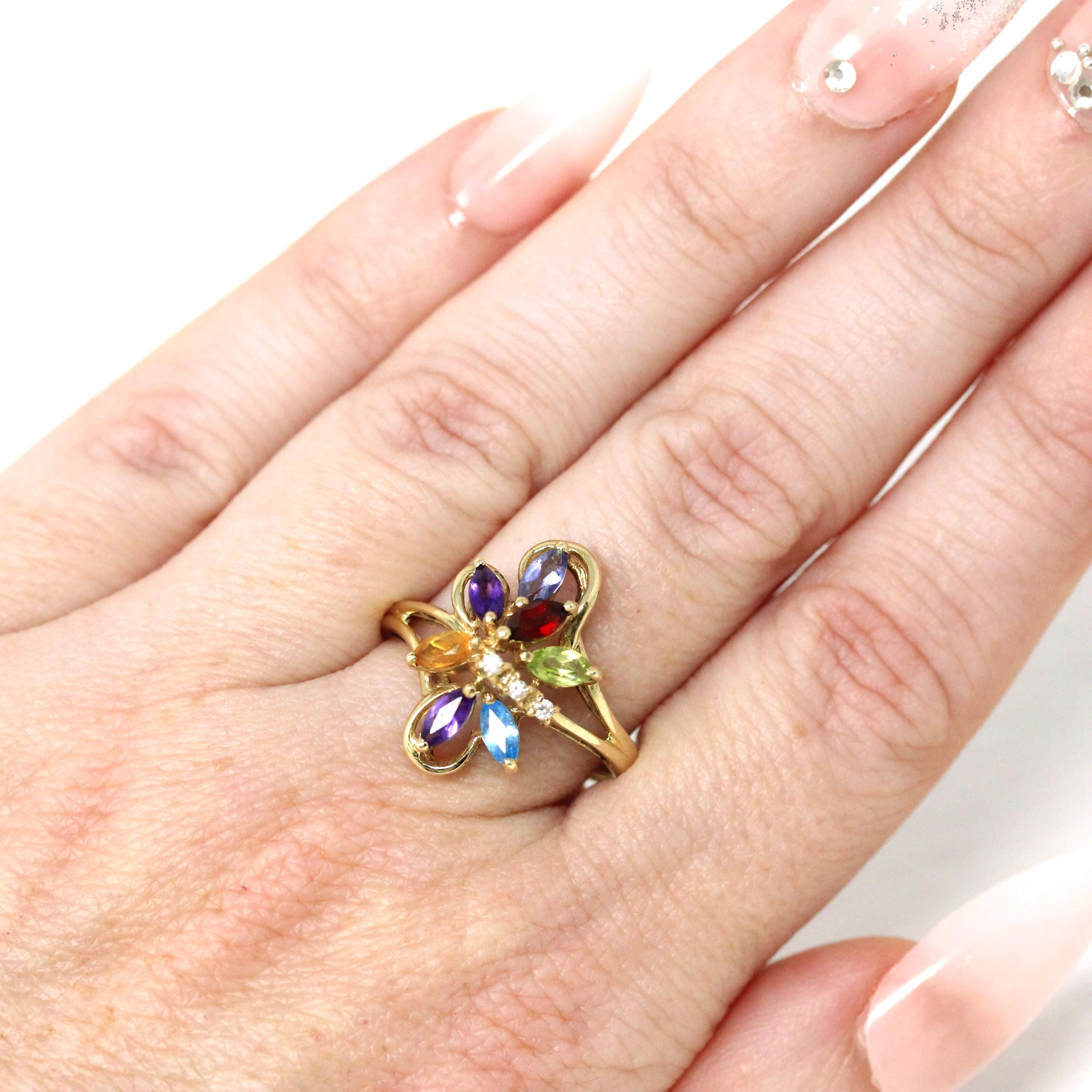 Rainbow Gemstone Ring - Modern 9k Yellow Gold Multi Color Gemstones - Hallmarked 2001 Size 8 1/4 Fine Floral Statement Birmingham Jewelry