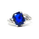 Created Spinel Ring - Retro Era 10k White Gold Octagonal Blue & Round White Gems - Circa 1960s Size 6 1/4 Fine Simulated Birthstone Jewelry