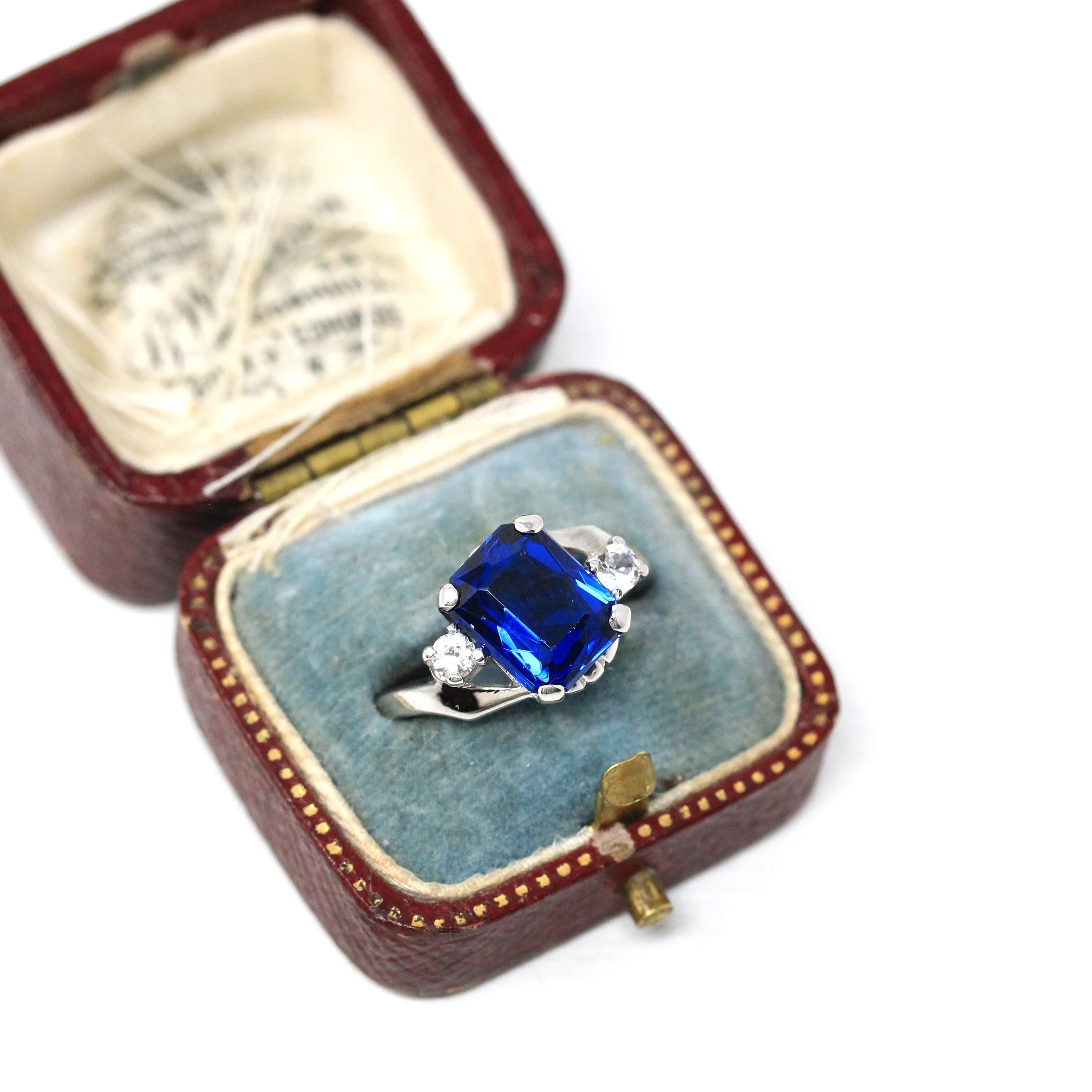 Created Spinel Ring - Retro Era 10k White Gold Octagonal Blue & Round White Gems - Circa 1960s Size 6 1/4 Fine Simulated Birthstone Jewelry