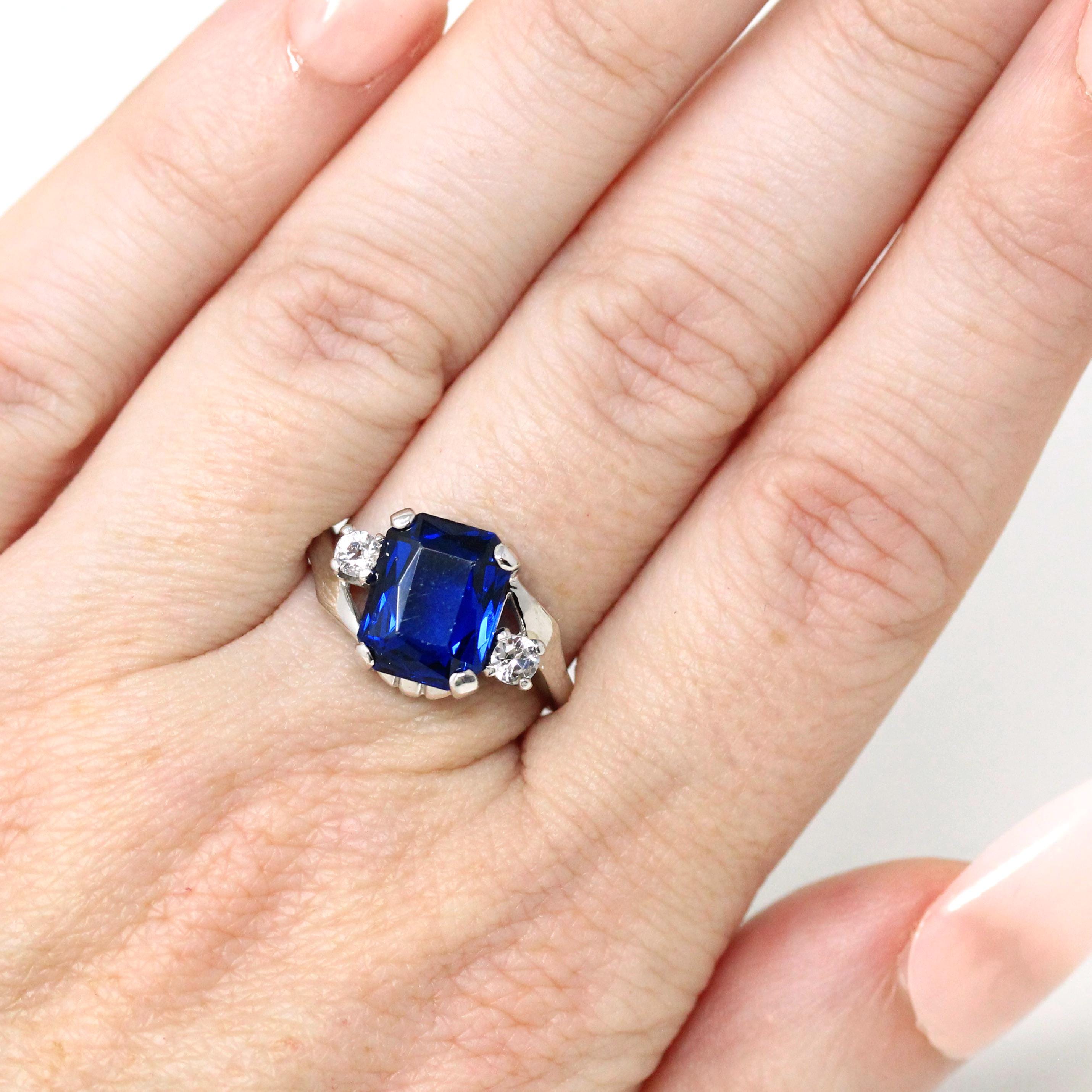 Created Spinel Ring - Retro Era 10k White Gold Octagonal Blue & Round White Gems - Circa 1960s Size 6 1/4 Fine Simulated Birthstone Jewelry