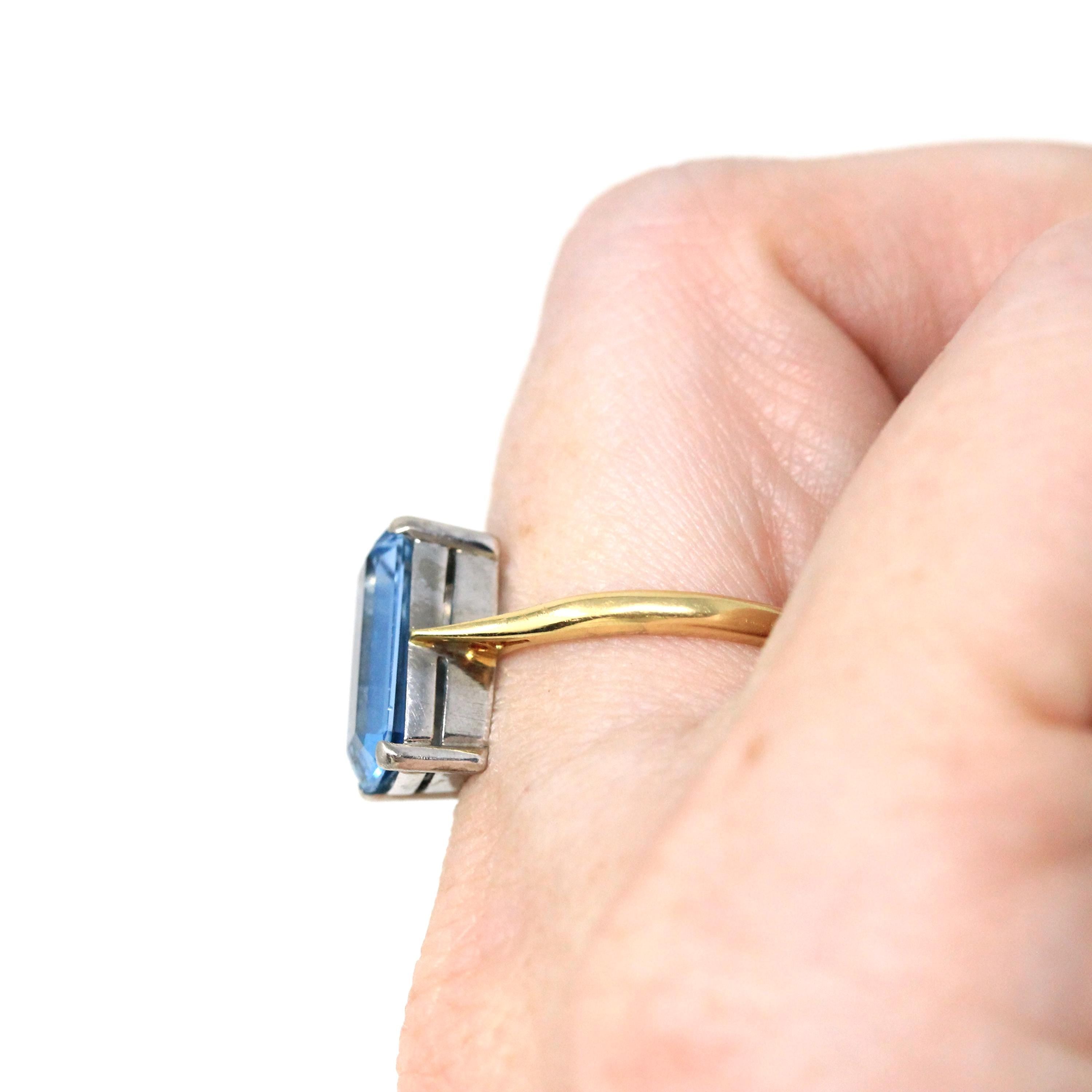 Estate Aquamarine Ring - Modern 18k Yellow & White Gold Elongated Emerald Cut 2.25 CT Natural Blue Gem - Circa 2000s Size 7 3/4 Fine Jewelry
