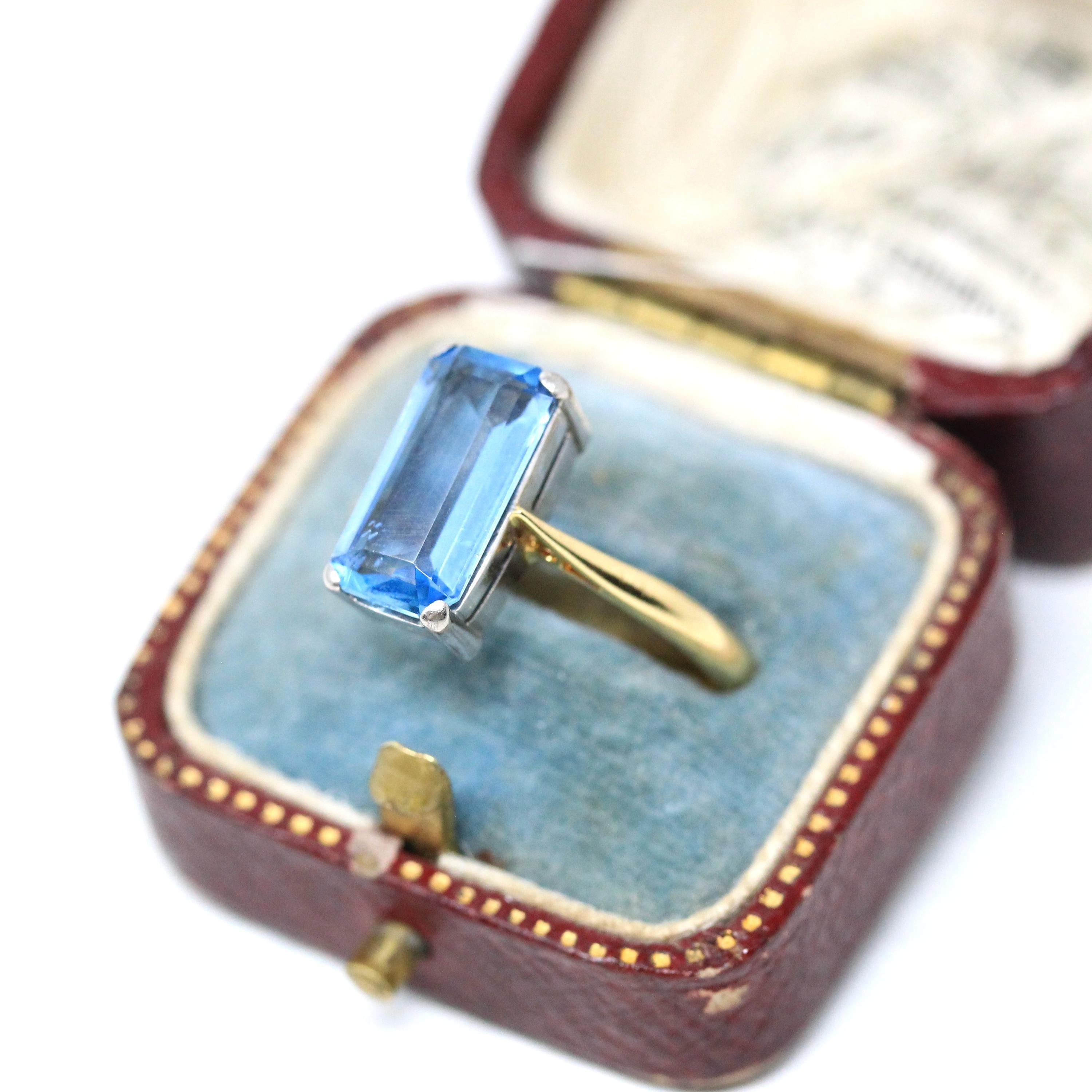 Estate Aquamarine Ring - Modern 18k Yellow & White Gold Elongated Emerald Cut 2.25 CT Natural Blue Gem - Circa 2000s Size 7 3/4 Fine Jewelry