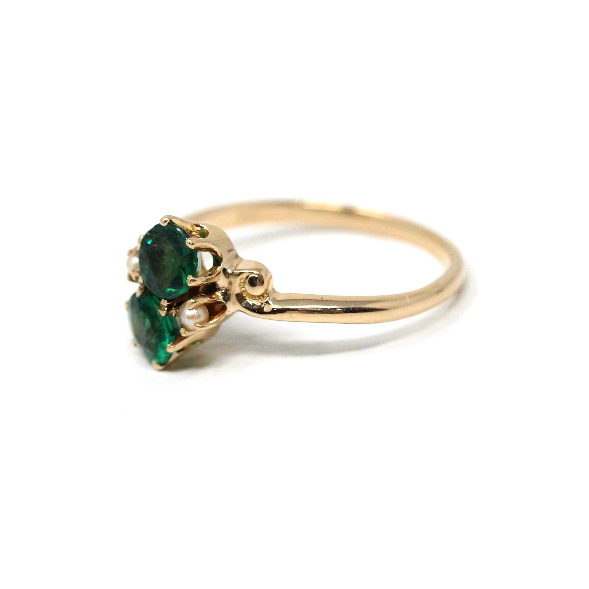 Edwardian Toi Et Moi Ring - Antique 10k Yellow Gold Garnet Glass Doublet Seed Pearls Gemstones - Vintage Circa 1900s Era Size 4 Fine Jewelry