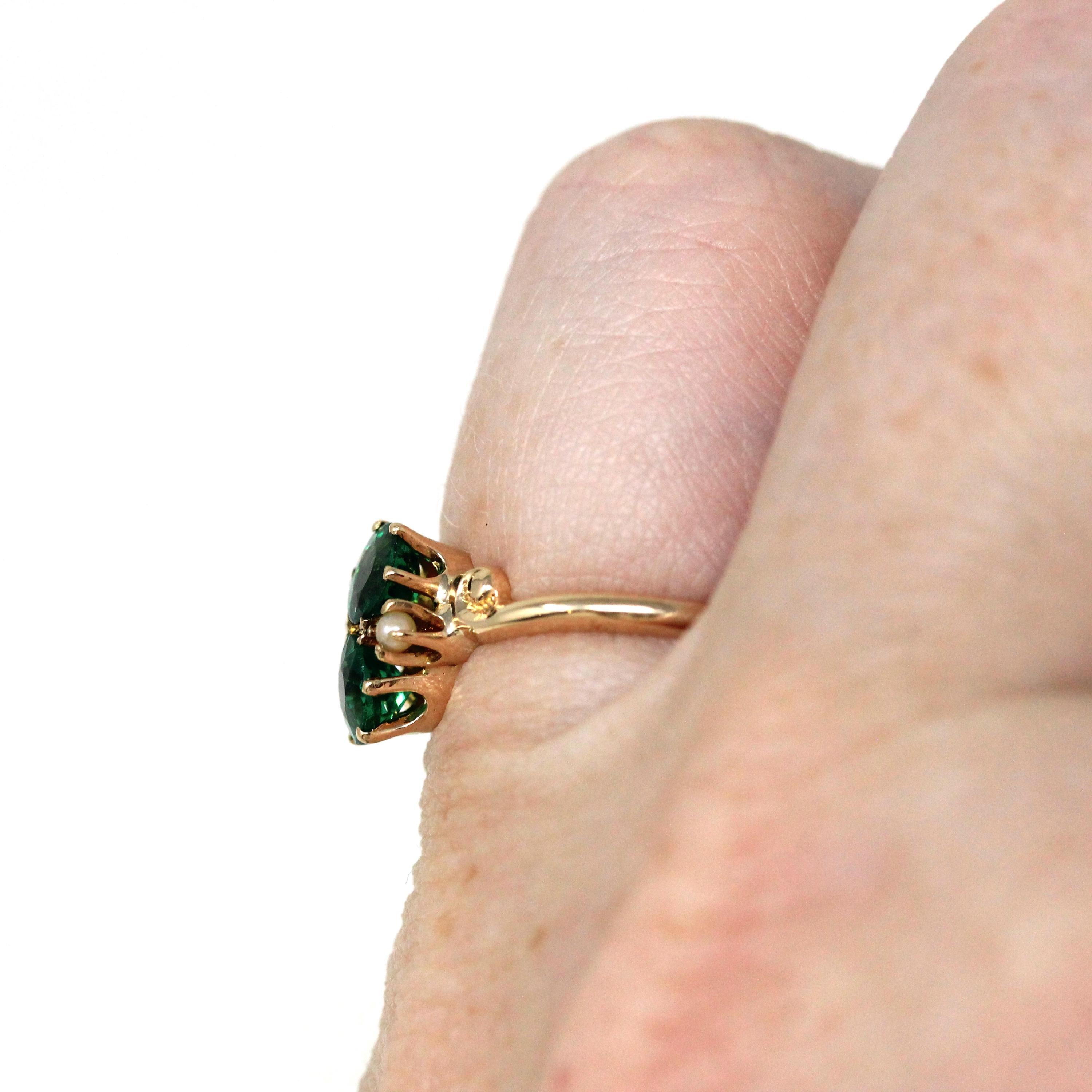 Edwardian Toi Et Moi Ring - Antique 10k Yellow Gold Garnet Glass Doublet Seed Pearls Gemstones - Vintage Circa 1900s Era Size 4 Fine Jewelry