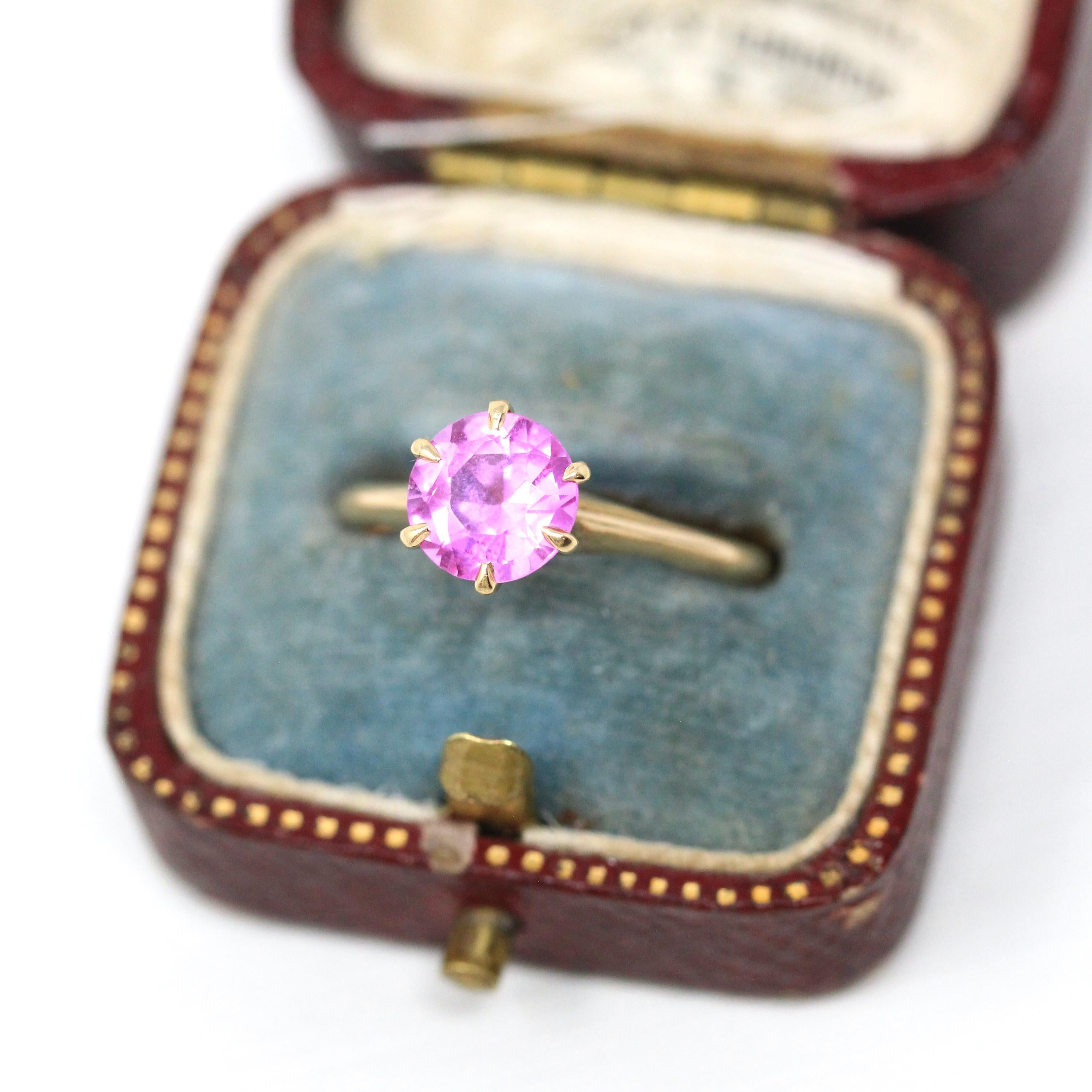 Created Pink Sapphire Ring - Vintage 10k Yellow Gold Round Faceted Retro Solitaire - Circa 1940s Size 6 Fine September Birthstone Jewelry