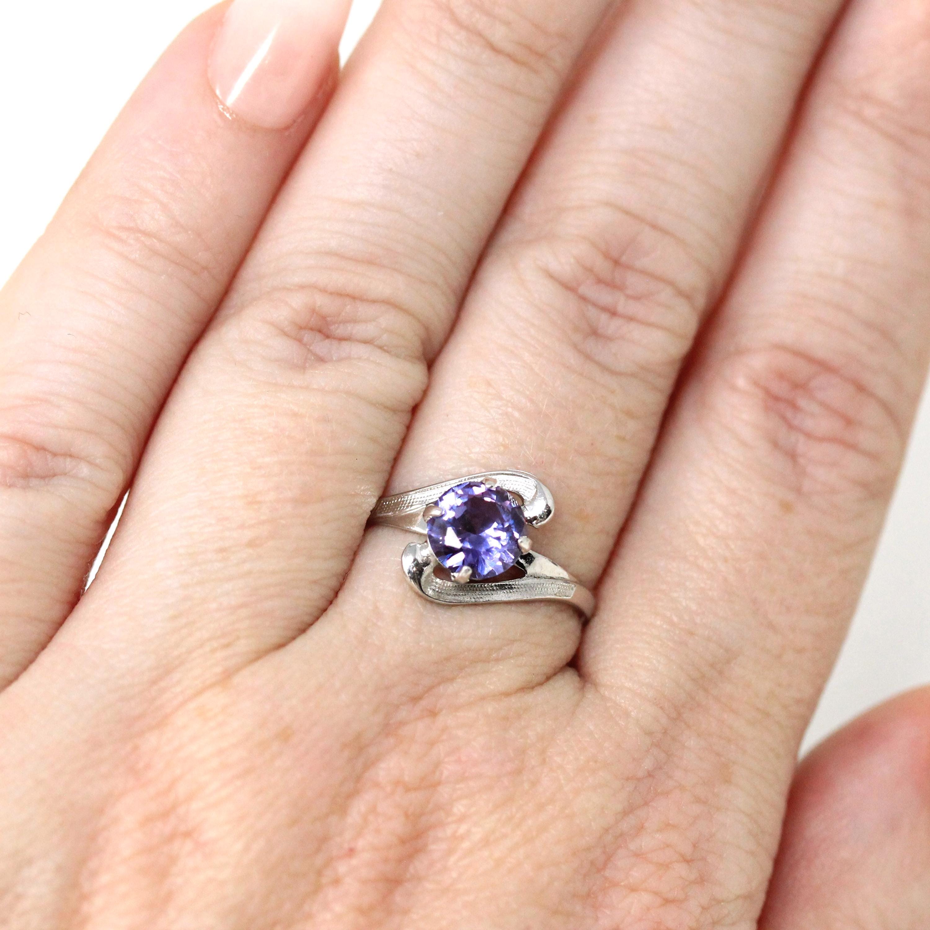 Created Color Change Sapphire Ring - Mid Century 10k White Gold Purple Pink 1.25 CT Stone - Circa 1960s Size 5 3/4 Fine Statement Jewelry