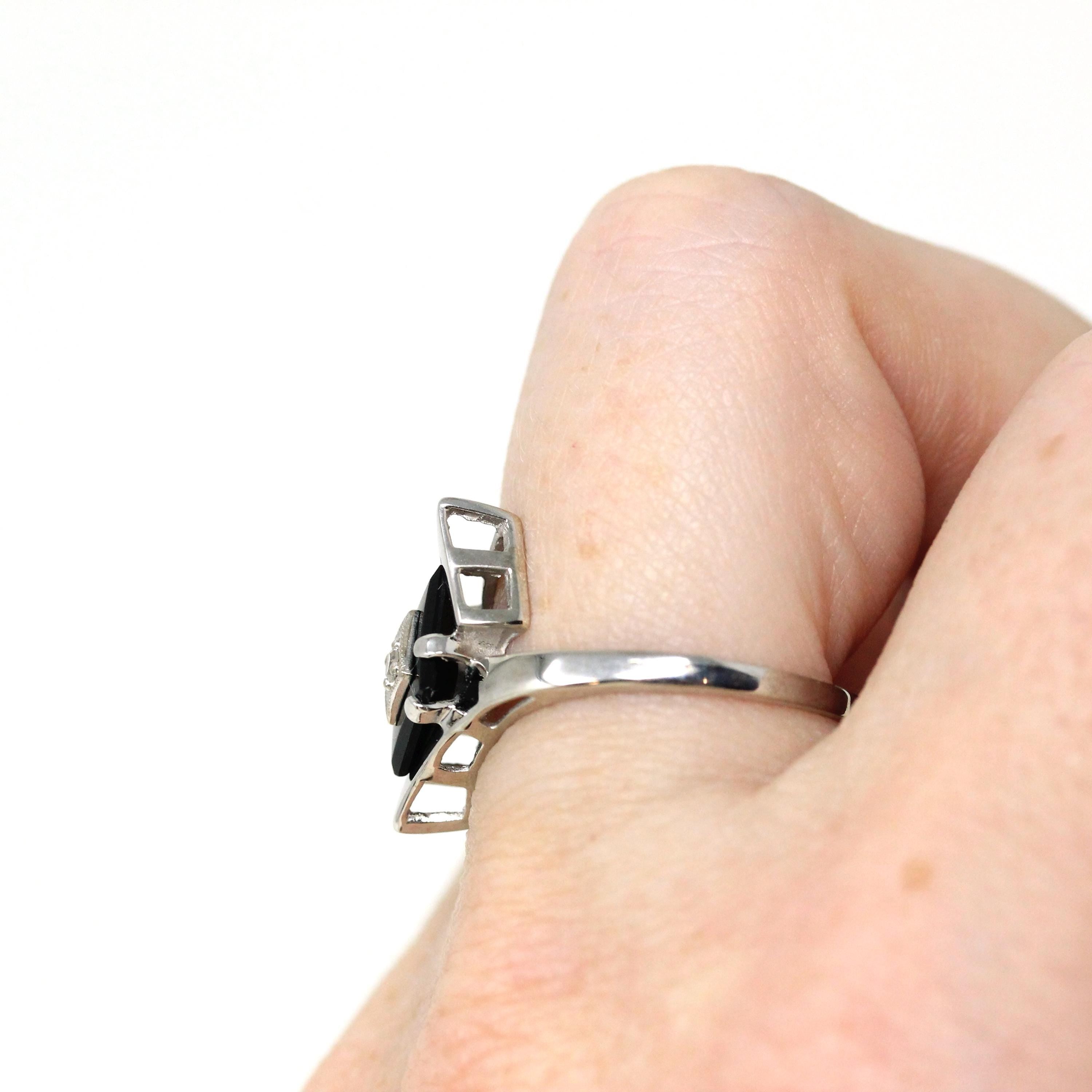 Vintage Onyx Ring - Retro 10k White Gold Natural Diamond Black Chalcedony Gem - Circa 1960s Era Size 7 Kite Navette Fine Bohemian Jewelry