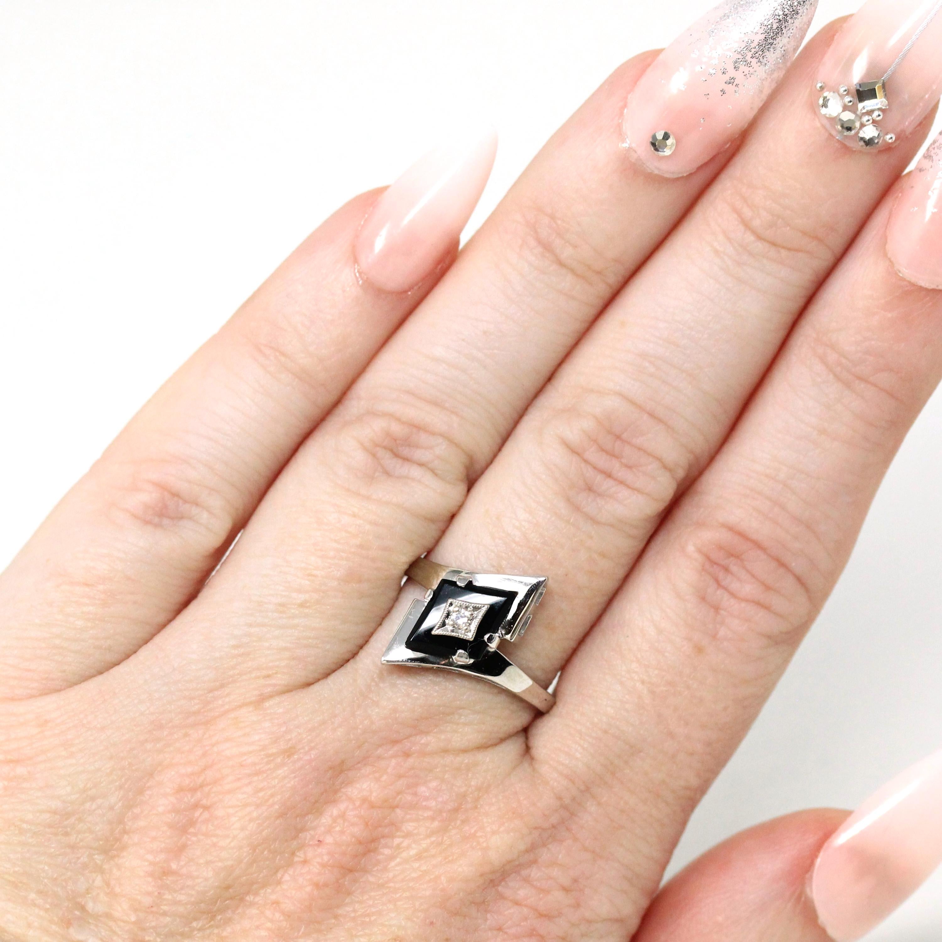 Vintage Onyx Ring - Retro 10k White Gold Natural Diamond Black Chalcedony Gem - Circa 1960s Era Size 7 Kite Navette Fine Bohemian Jewelry