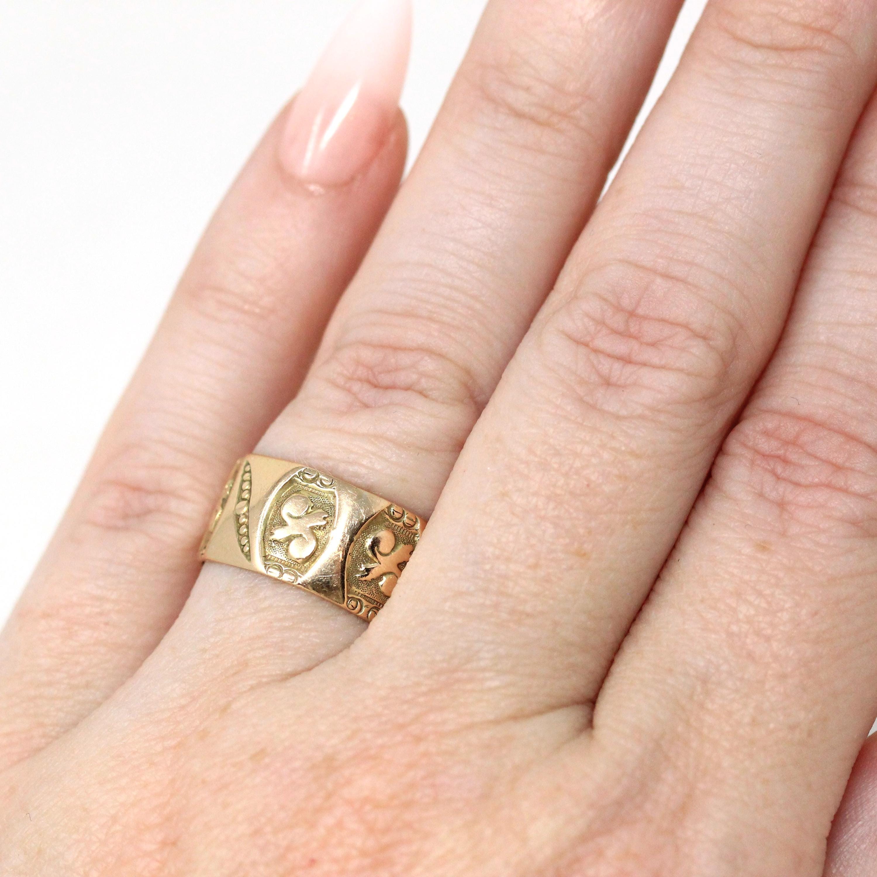 Antique Cigar Band - Victorian 14k Yellow Gold Engraved Designs Unisex Ring - Circa 1890s Era Size 6 Fine Statement Jewelry