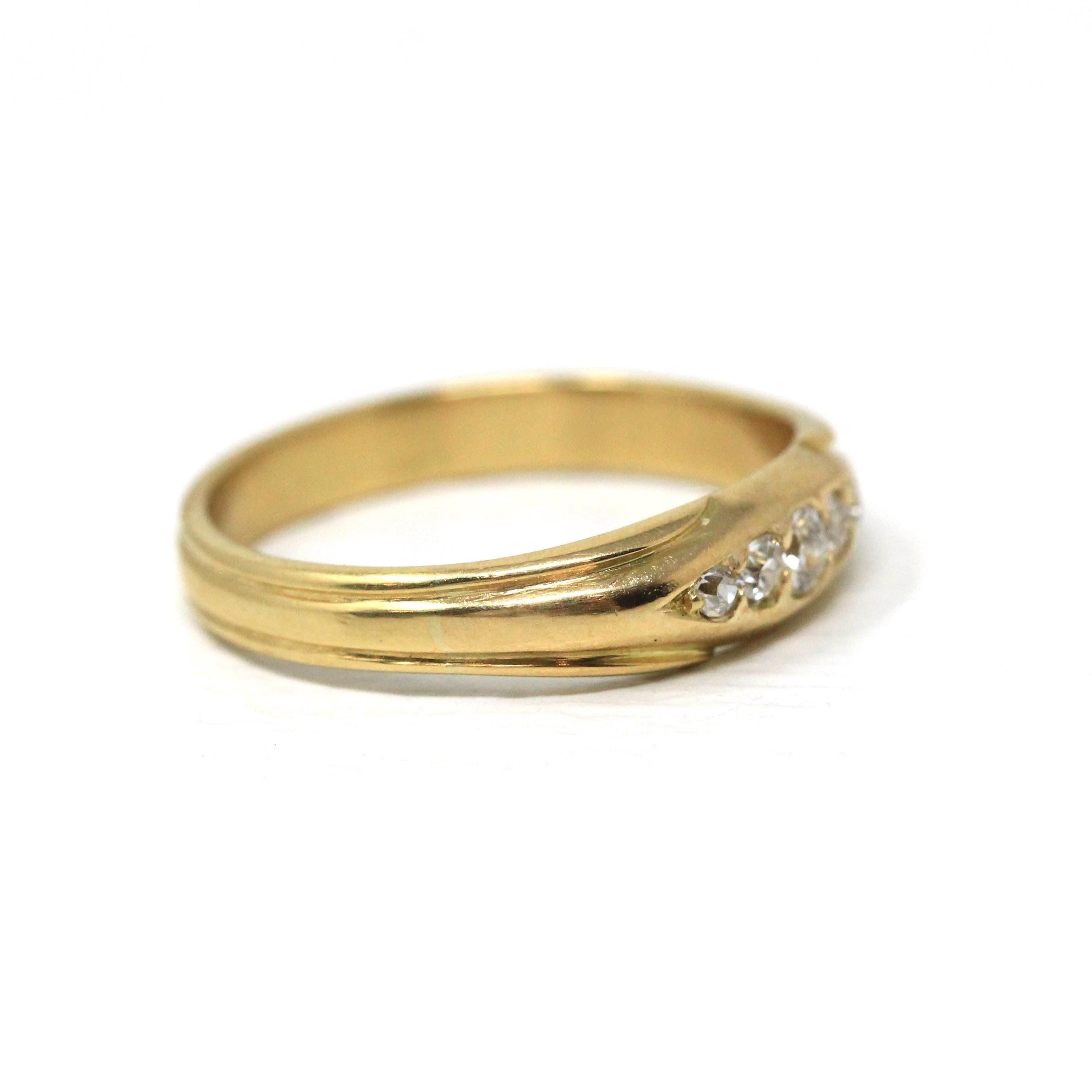 Antique Diamond Band - Edwardian 18k Yellow Gold Five Natural Gemstones Ring - Vintage 1910s Era Size 8 3/4 Fine Statement Bridal Jewelry