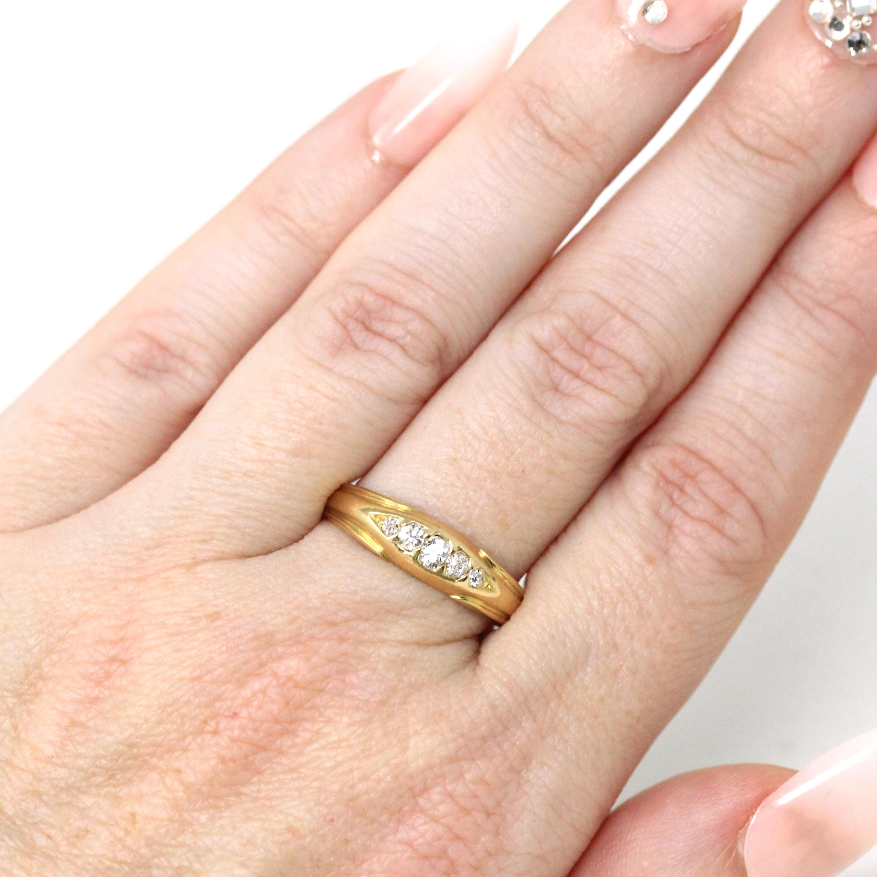 Antique Diamond Band - Edwardian 18k Yellow Gold Five Natural Gemstones Ring - Vintage 1910s Era Size 8 3/4 Fine Statement Bridal Jewelry