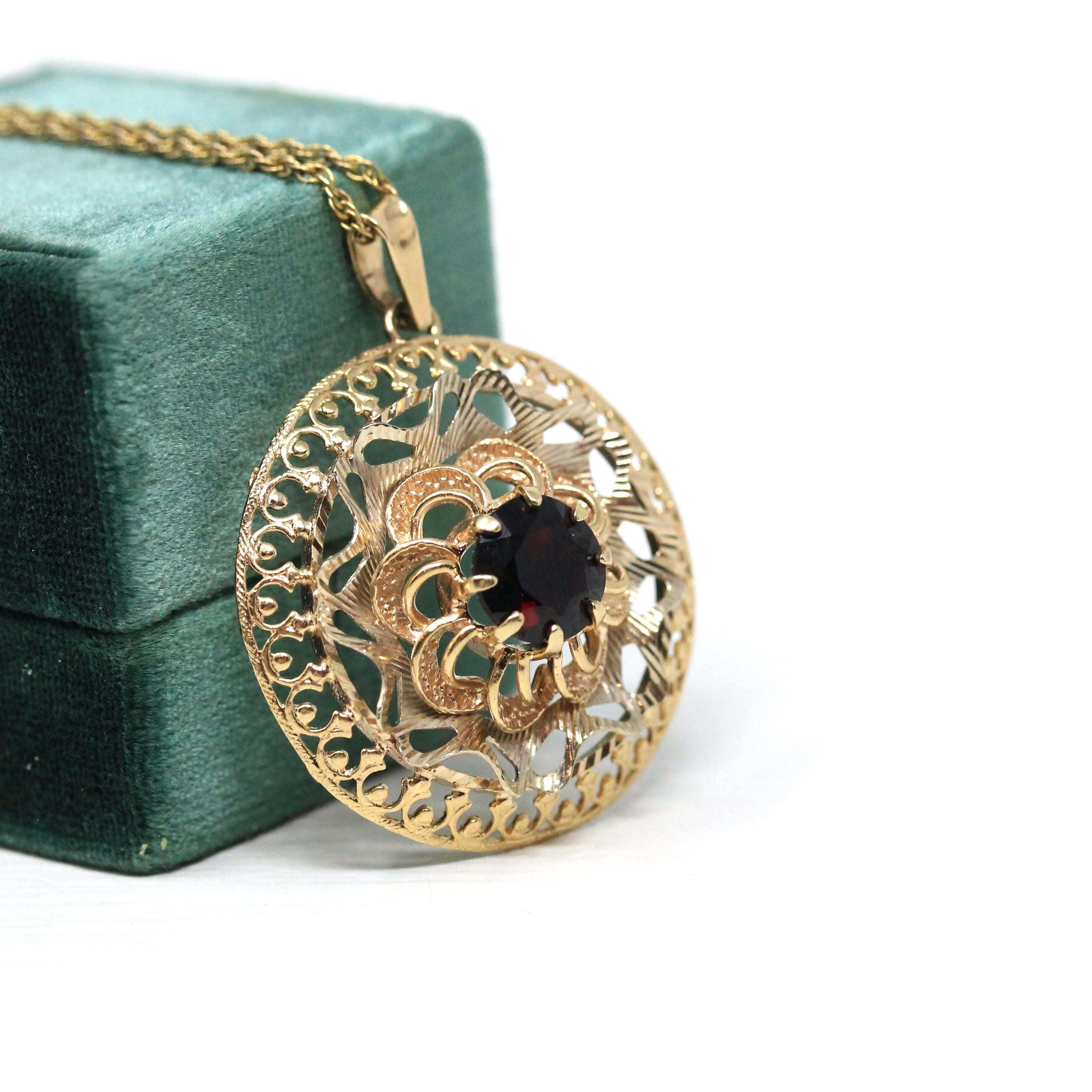 Vintage Garnet Necklace - Retro 9k Yellow Gold Natural Red Gemstone Pendant - Circa 1970s Era Fine Statement January Birthstone Jewelry