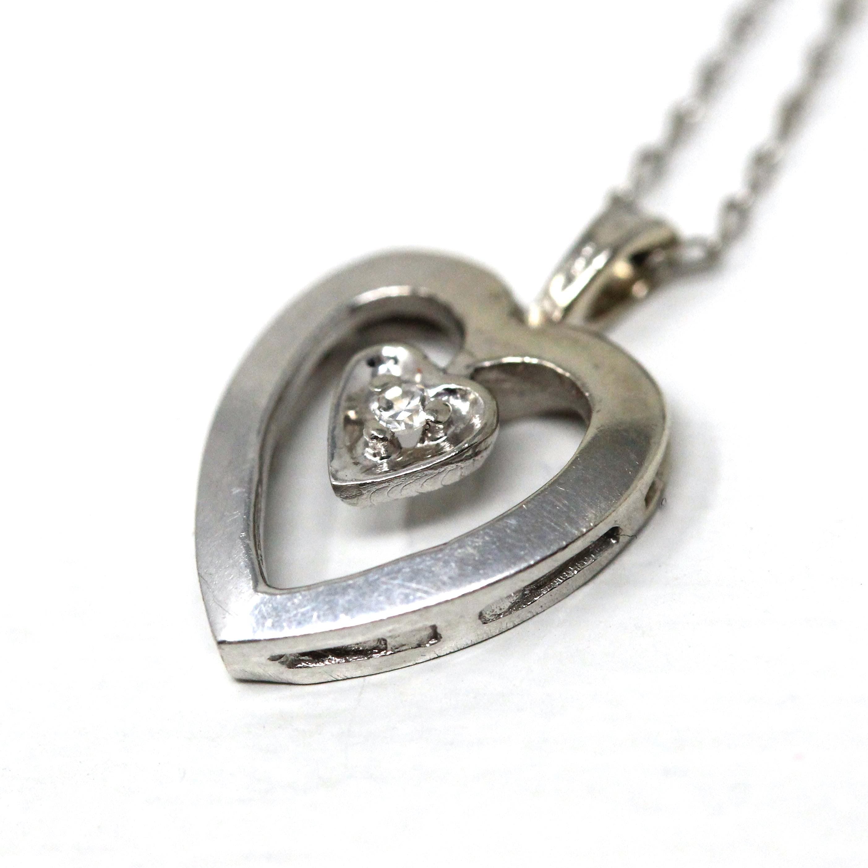 Diamond Heart Necklace - Modern 14k White Gold Natural Genuine Gemstone Pendant - Estate Circa 1980s Valentine's Day Gift Fine 80s Jewelry