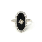 Vintage Onyx Ring - Retro 10k White Gold Natural Diamond Black Chalcedony Gem - Circa 1960s Era Size 6 3/4 Oval Scalloped Fine 60s Jewelry