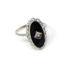 Vintage Onyx Ring - Retro 10k White Gold Natural Diamond Black Chalcedony Gem - Circa 1960s Era Size 6 3/4 Oval Scalloped Fine 60s Jewelry