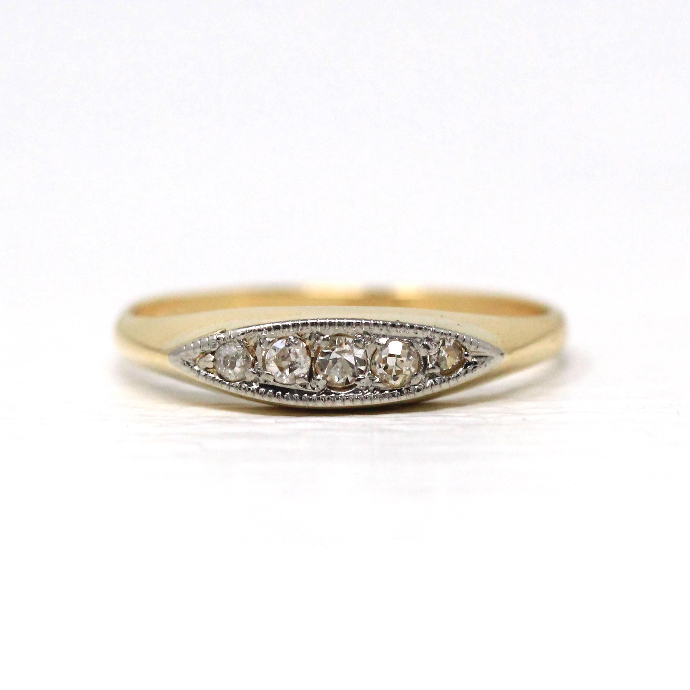 Antique Diamond Band - Edwardian 18k Yellow Gold Natural Gemstones Wedding Ring - Vintage 1910s Era Stacking Two Tone Fine Bridal Jewelry