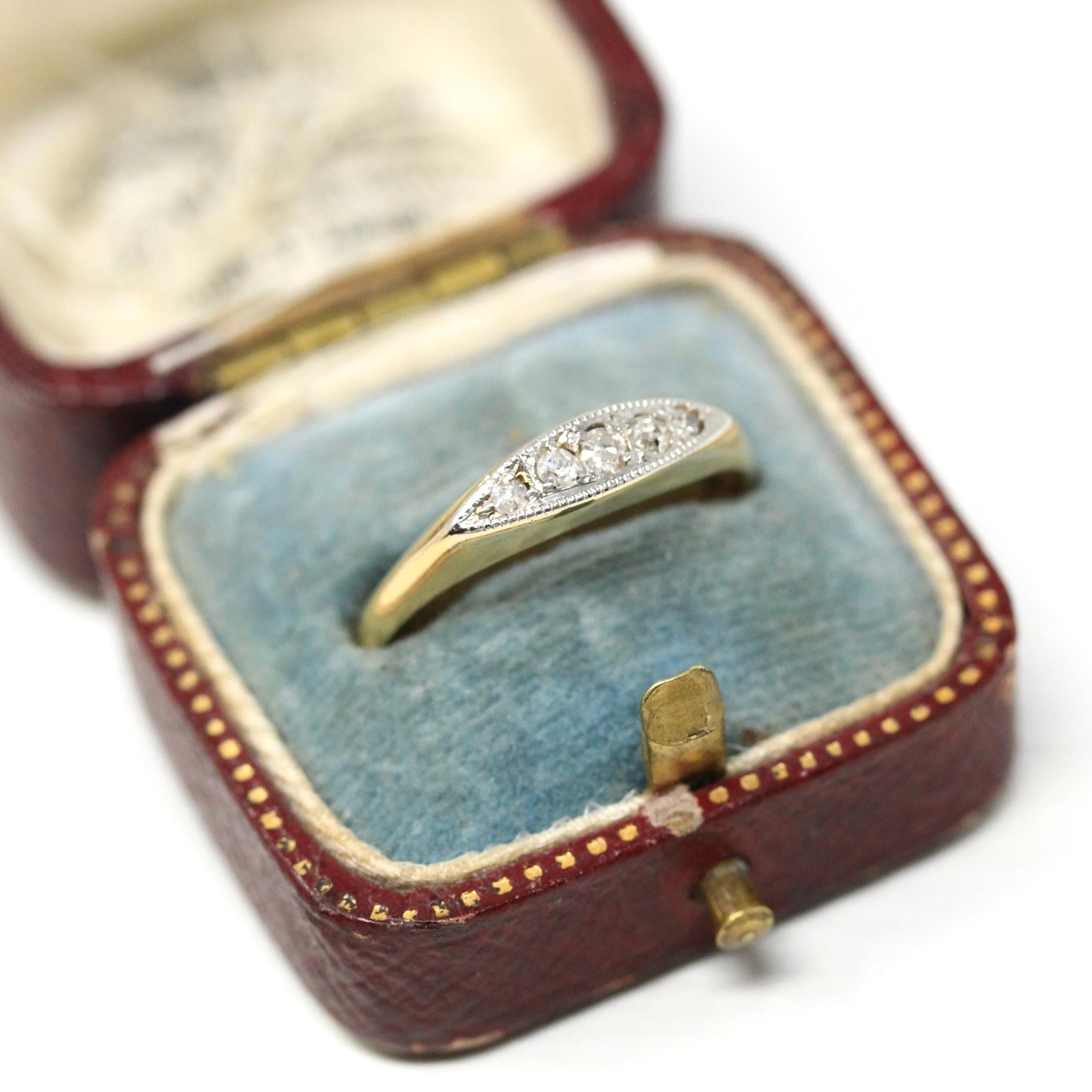 Antique Diamond Band - Edwardian 18k Yellow Gold Natural Gemstones Wedding Ring - Vintage 1910s Era Stacking Two Tone Fine Bridal Jewelry