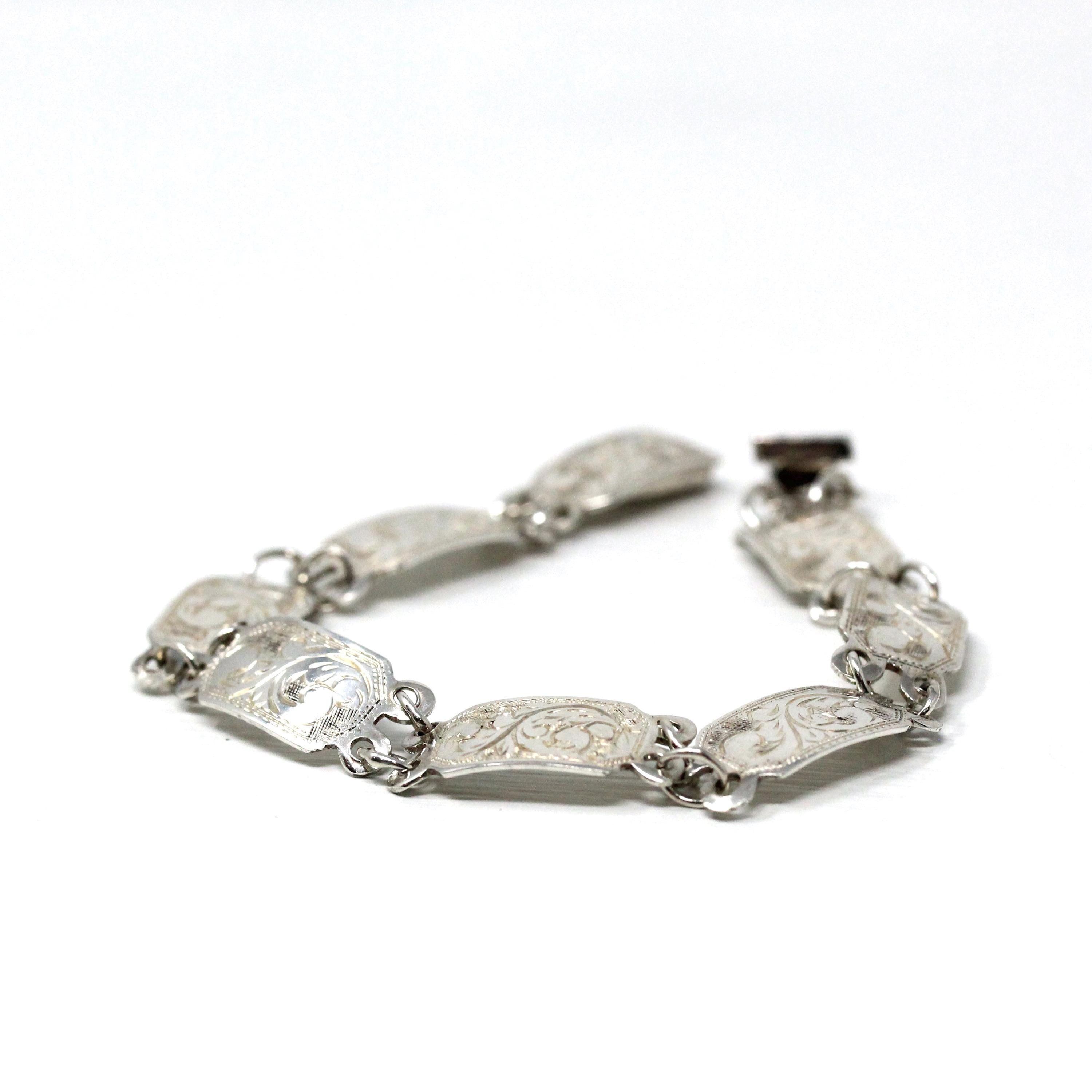 Vintage Siam Bracelet - Retro Sterling Silver Eight Decorative Panels Thailand Thai - Circa 1940s Era Paisley Fashion Accessory Jewelry