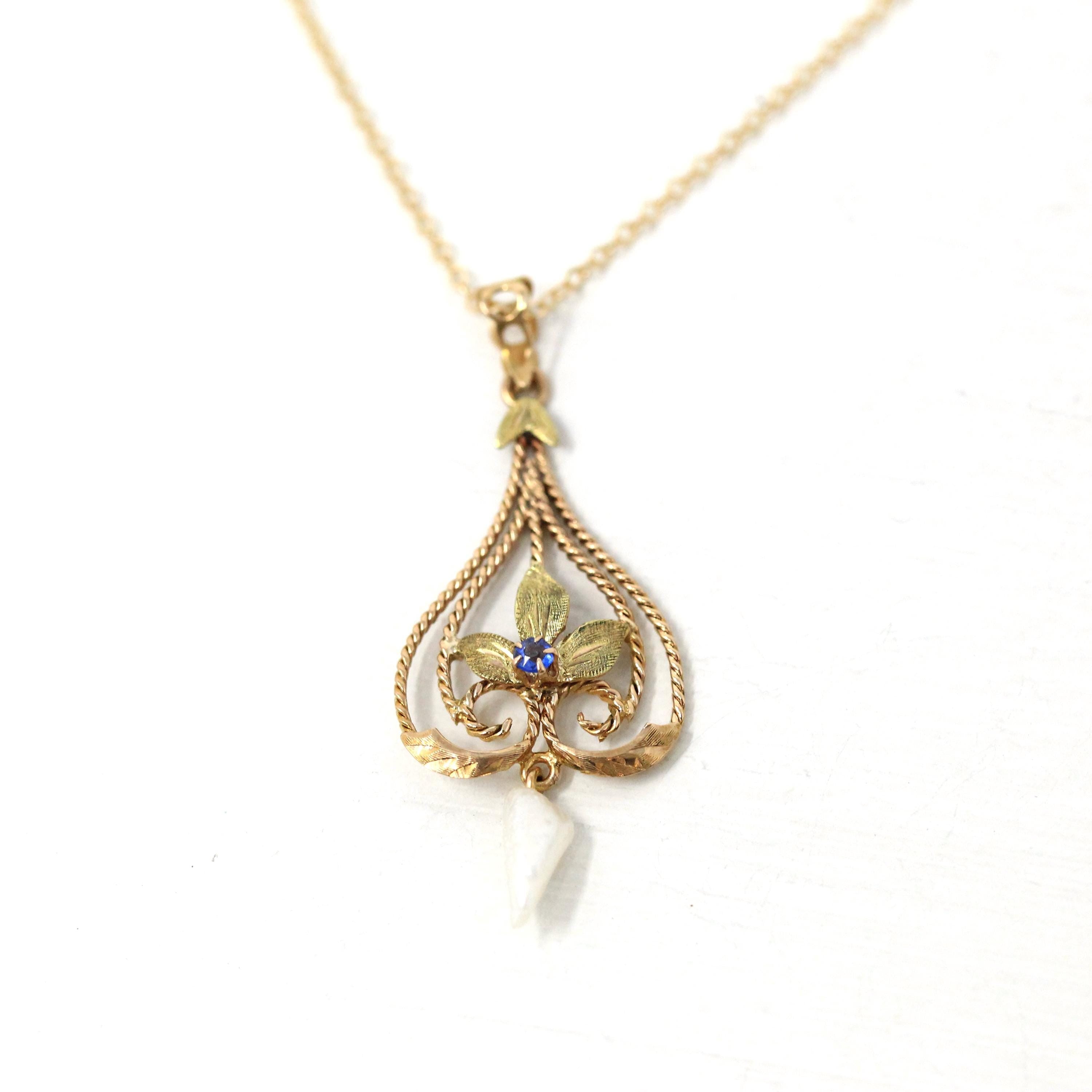 Antique Lavalier Necklace - Edwardian 10k Yellow Gold Baroque Pearl Pendant Charm - Antique Circa 1910s Garnet Glass Doublet Leaf Jewelry