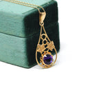 Vintage Amethyst Pendant - Retro 10k Yellow Natural Purple Gemstone Necklace - Circa 1940s Era Ivy Leaves Flower Statement Fine 40s Jewelry