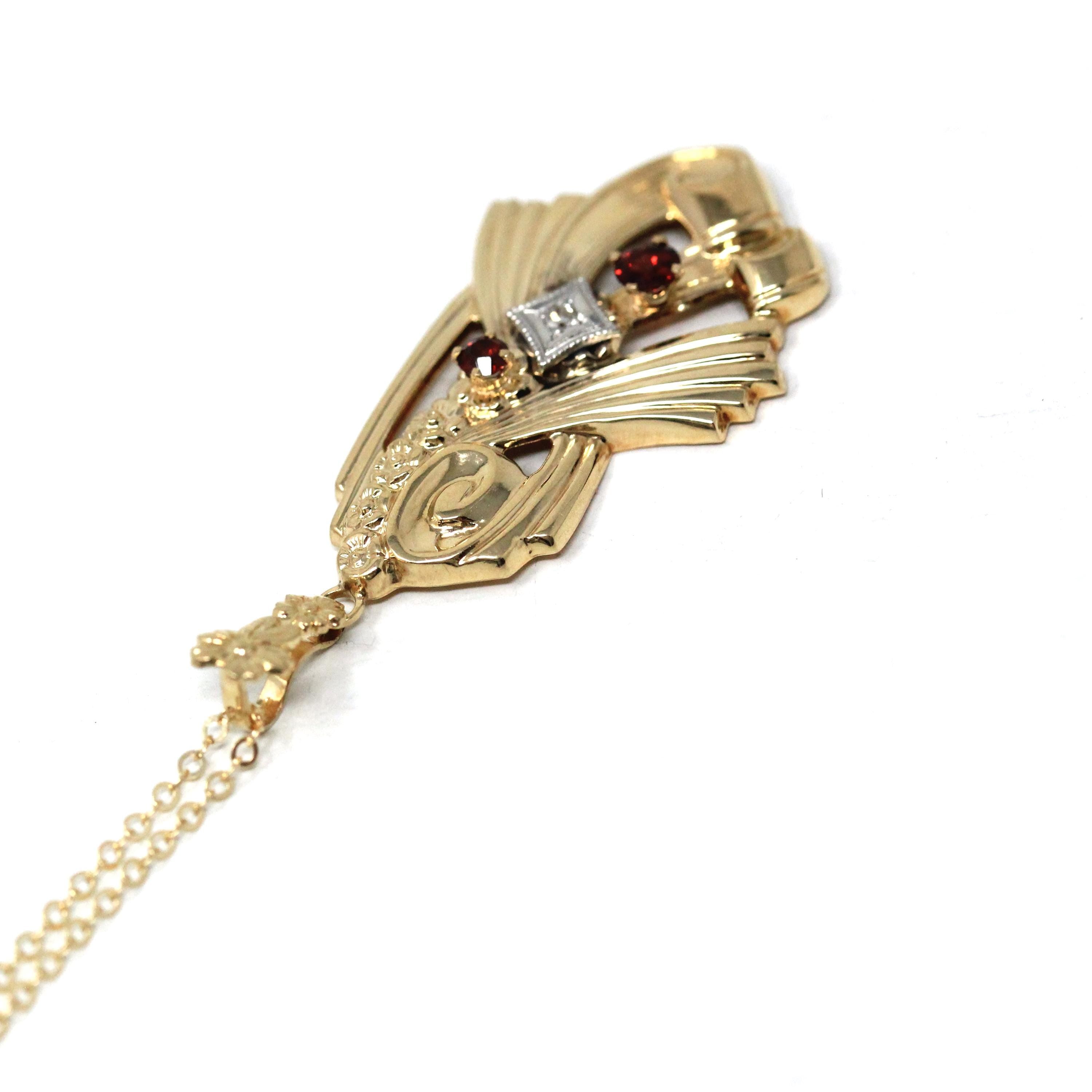 Retro Garnet Lavalier - 10k Yellow Gold Three Stone Diamond Accent Pendant - Vintage Circa 1940s Era January Birthstone Flower Fine Jewelry