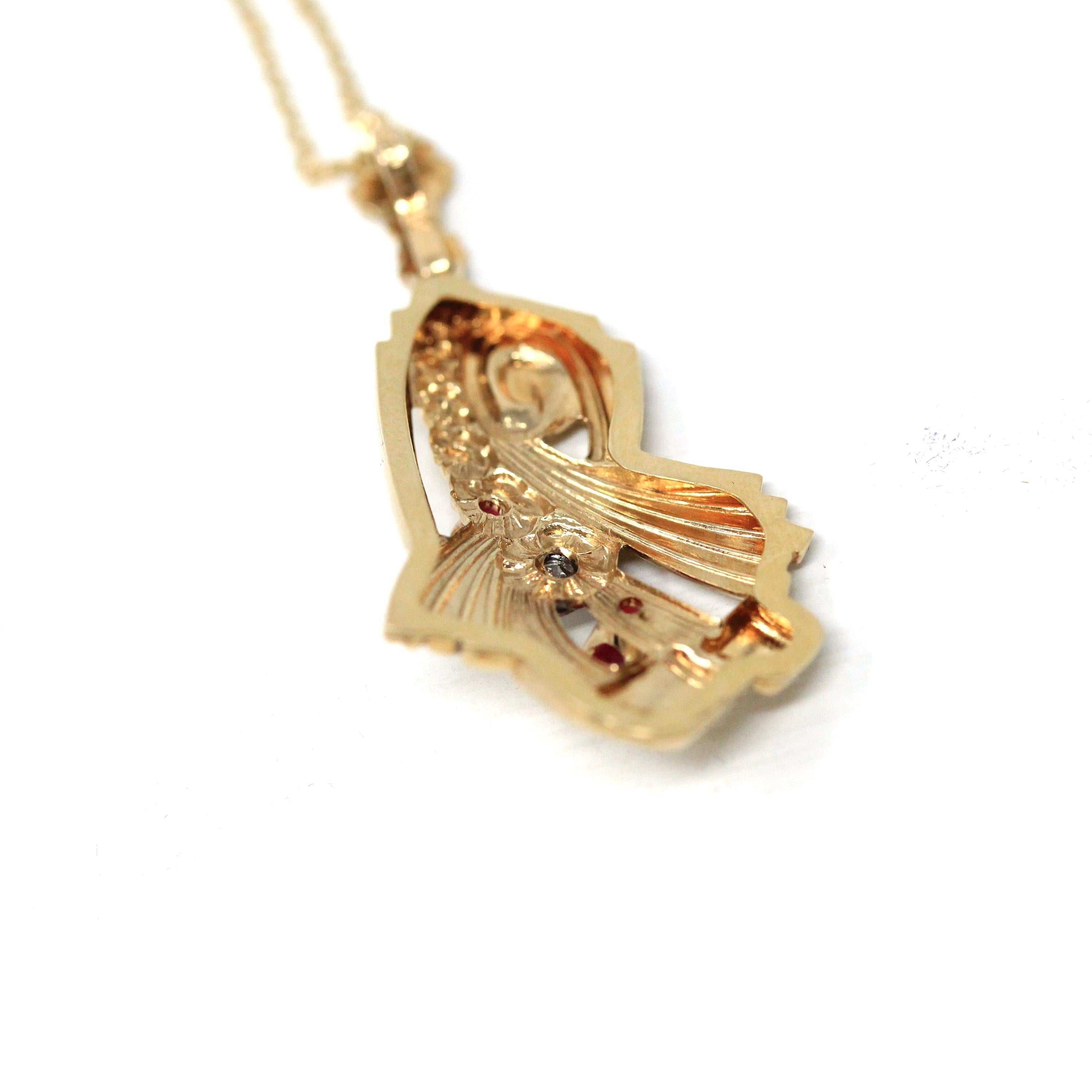 Retro Created Ruby Lavalier - 10k Yellow Gold Three Stone Diamond Accent Pendant - Vintage Circa 1940s July Birthstone Flower Fine Jewelry