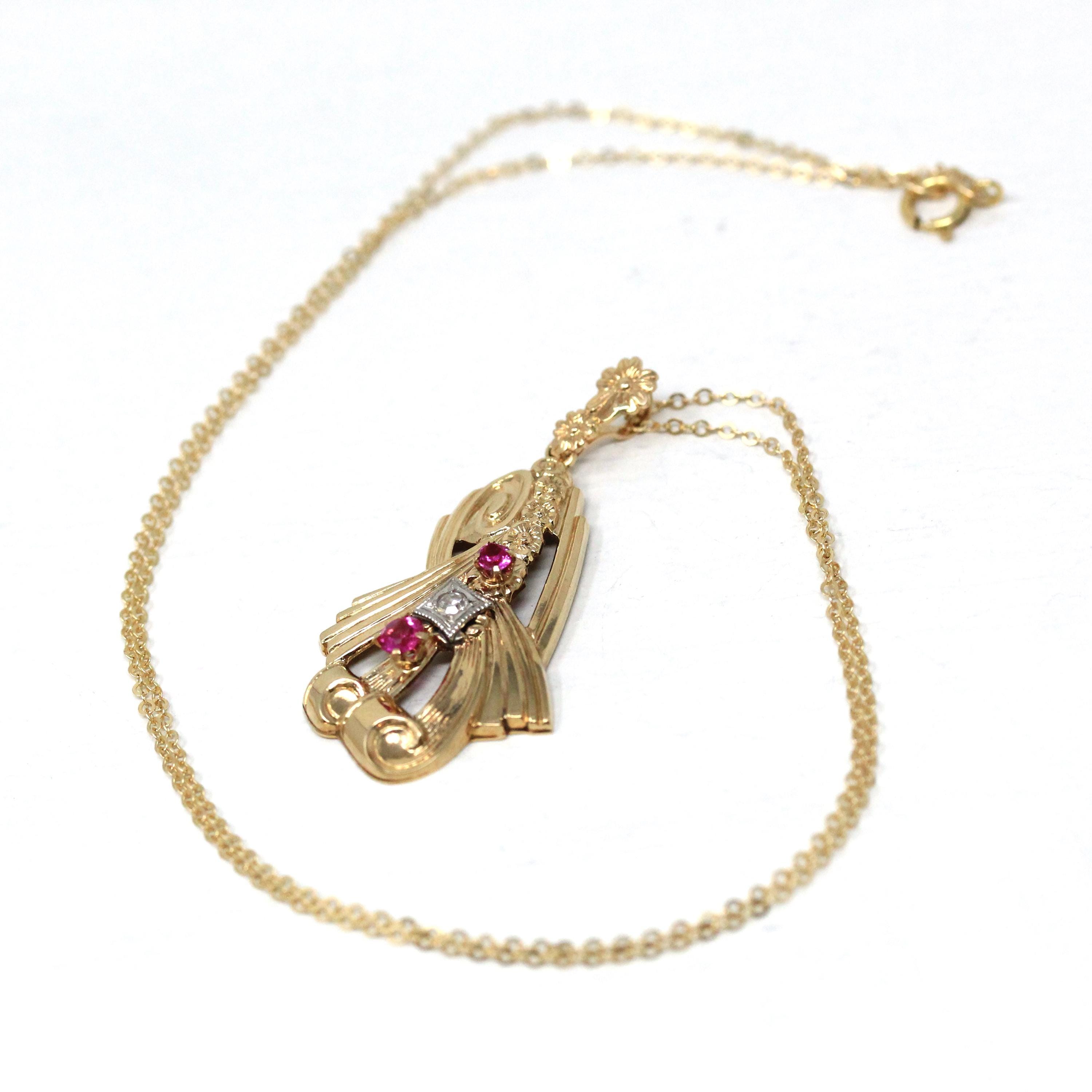 Retro Created Ruby Lavalier - 10k Yellow Gold Three Stone Diamond Accent Pendant - Vintage Circa 1940s July Birthstone Flower Fine Jewelry