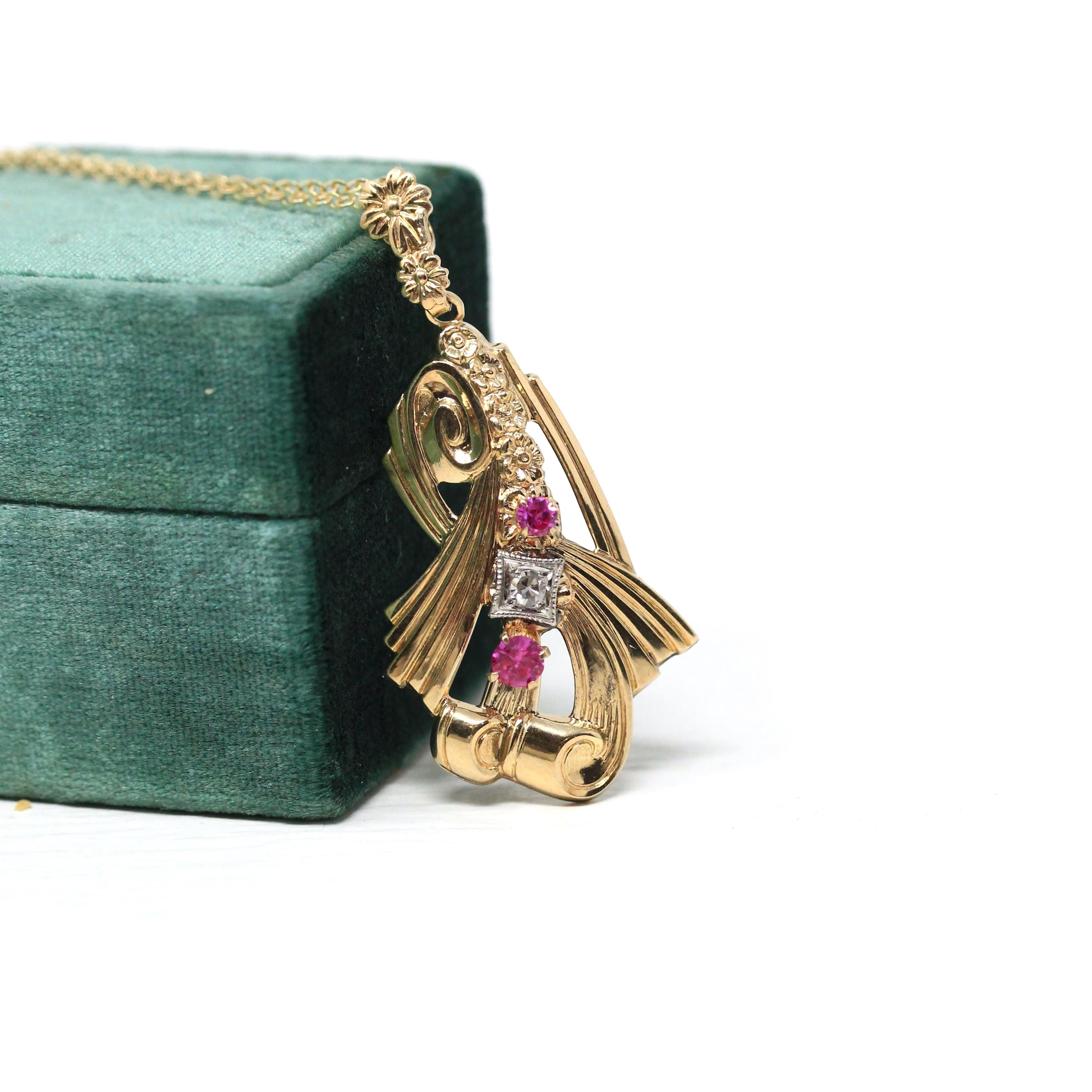 Retro Created Ruby Lavalier - 10k Yellow Gold Three Stone Diamond Accent Pendant - Vintage Circa 1940s July Birthstone Flower Fine Jewelry