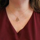 Retro Created Ruby Lavalier - 10k Yellow Gold Three Stone Diamond Accent Pendant - Vintage Circa 1940s July Birthstone Flower Fine Jewelry