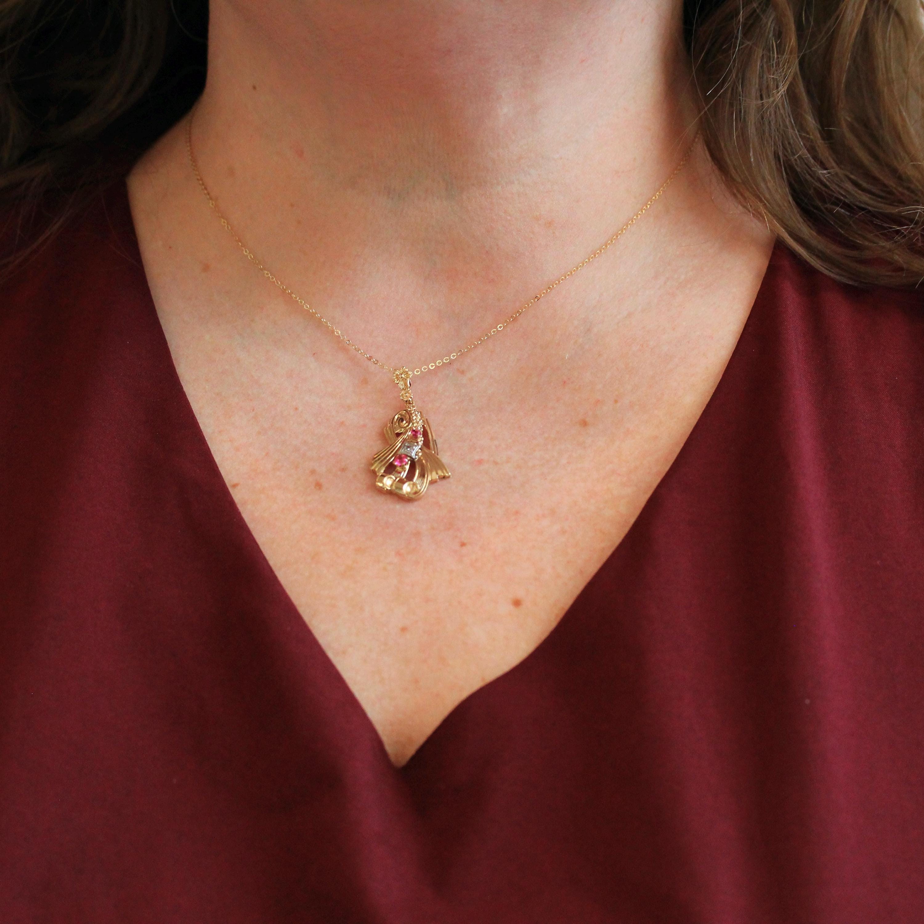 Retro Created Ruby Lavalier - 10k Yellow Gold Three Stone Diamond Accent Pendant - Vintage Circa 1940s July Birthstone Flower Fine Jewelry