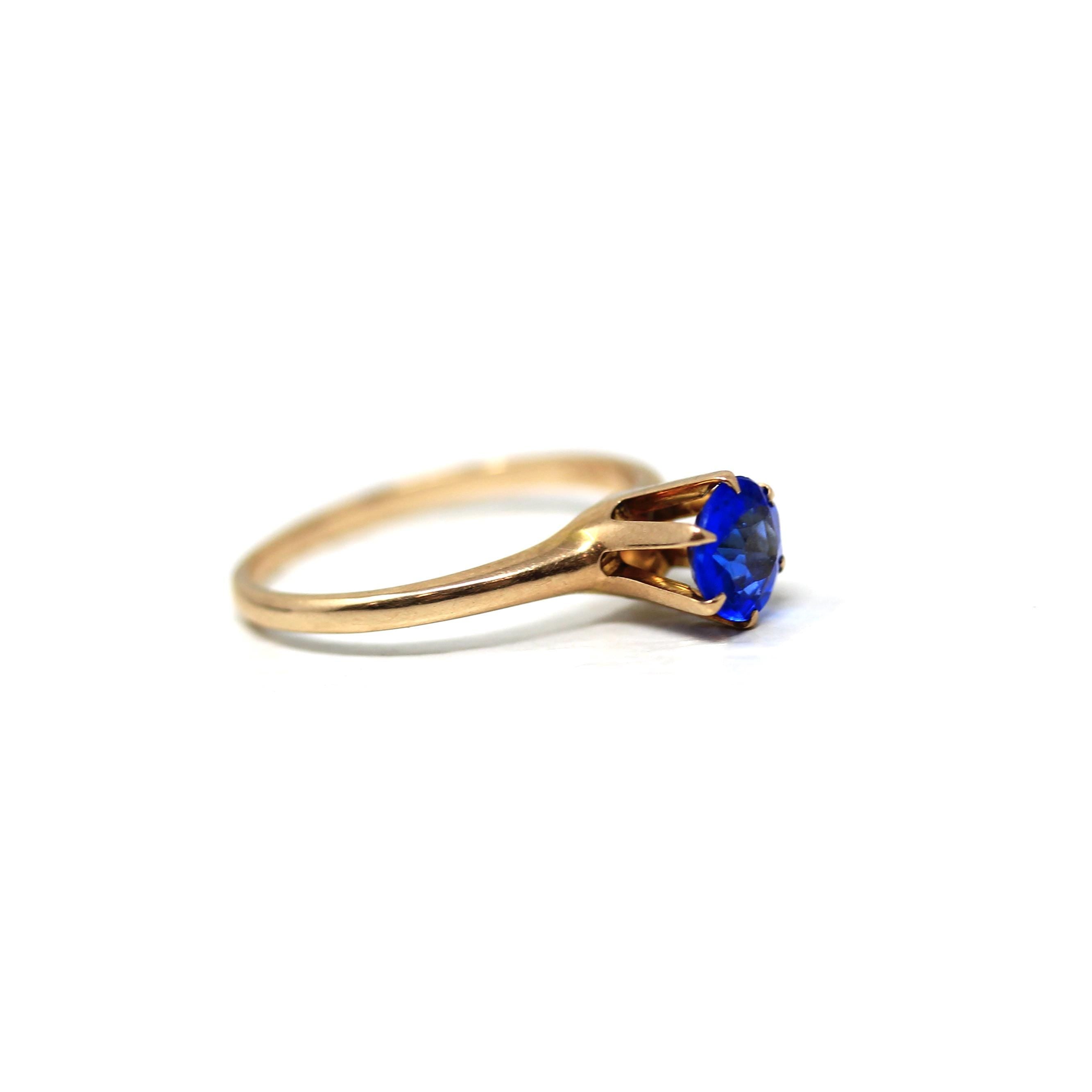 Garnet Glass Doublet Ring - Edwardian 10k Yellow Gold Round Faceted Bright Blue Stone - Antique Circa 1910 Size 6 1/4 Solitaire Fine Jewelry