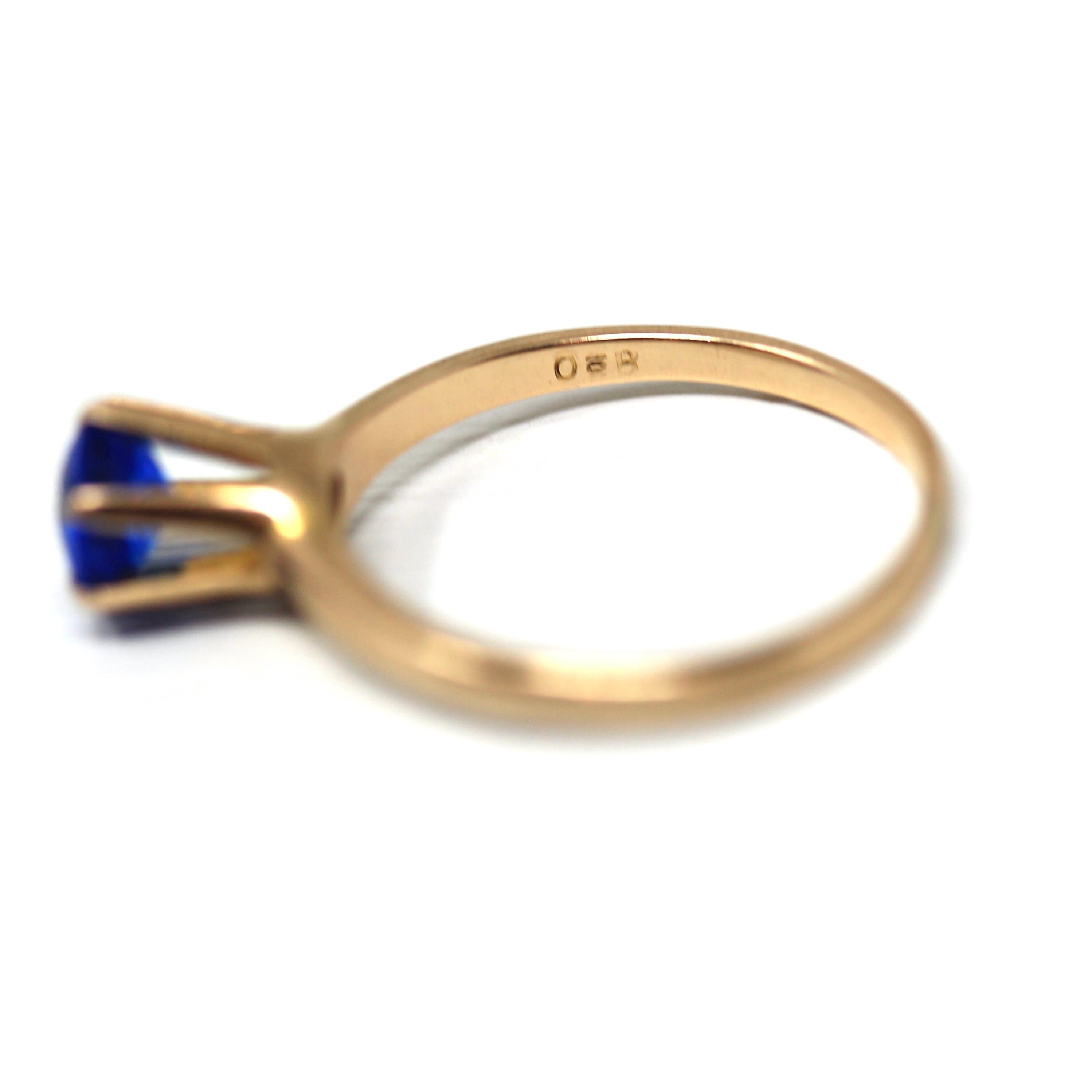 Garnet Glass Doublet Ring - Edwardian 10k Yellow Gold Round Faceted Bright Blue Stone - Antique Circa 1910 Size 6 1/4 Solitaire Fine Jewelry